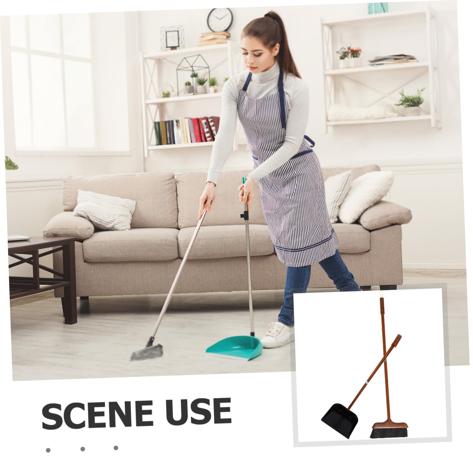 BESTYASH Juego de Recogedor y Escoba de Madera con Mango Largo, Cerdas de Pelo de Caballo, Diseño Versátil para Limpieza en Hogar y Exterior