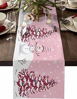 Christmas Table Runner - Cotton Linen 90 Inches, Snowman Rustic Pink Snowflake Bed Runner Dress Scarves, Farm Xmas Tablerunner for Dining/Holiday/Coffee Table 13" x 90"