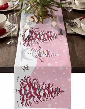 Christmas Table Runner - Cotton Linen 36 Inches, Snowman Rustic Pink Snowflake Bed Runner Dress Scarves, Farm Xmas Tablerunner for Dining/Holiday/Coffee Table 13" x 36"