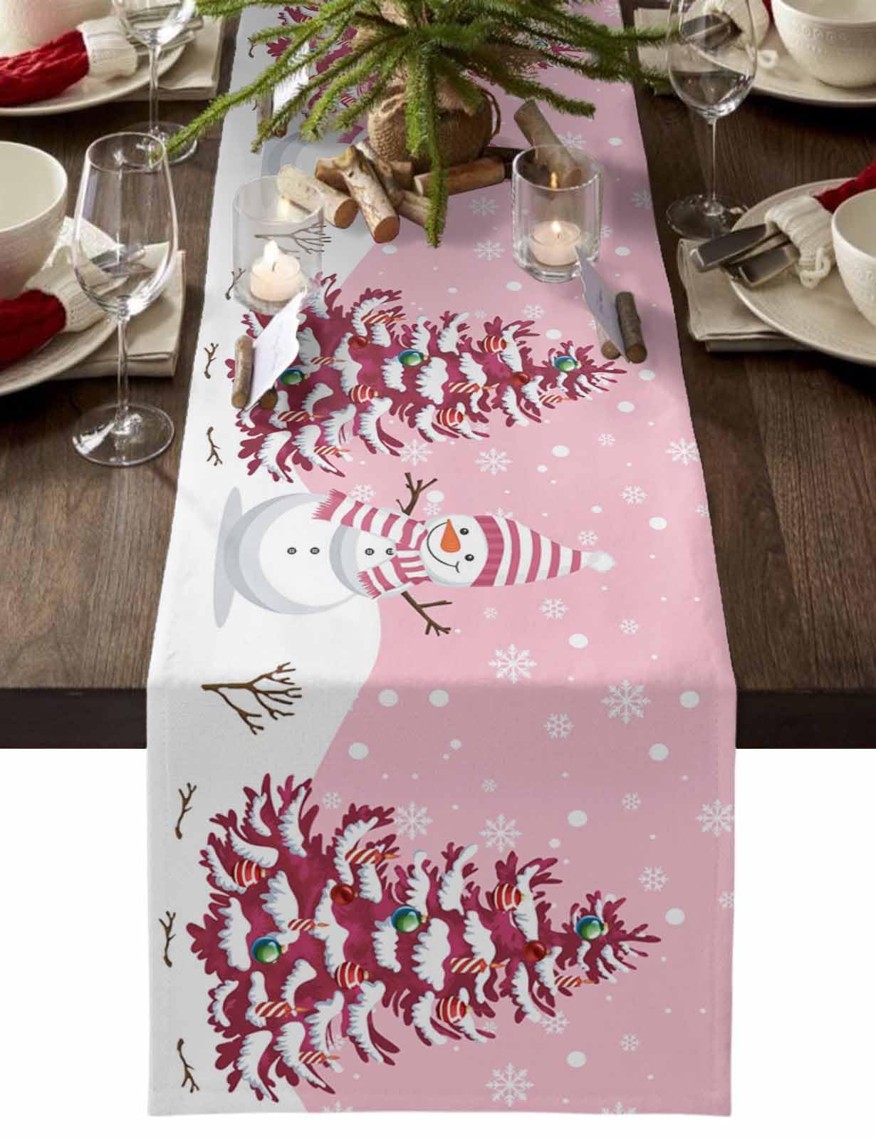 Christmas Table Runner - Cotton Linen 90 Inches, Snowman Rustic Pink Snowflake Bed Runner Dress Scarves, Farm Xmas Tablerunner for Dining/Holiday/Coffee Table 13" x 90"