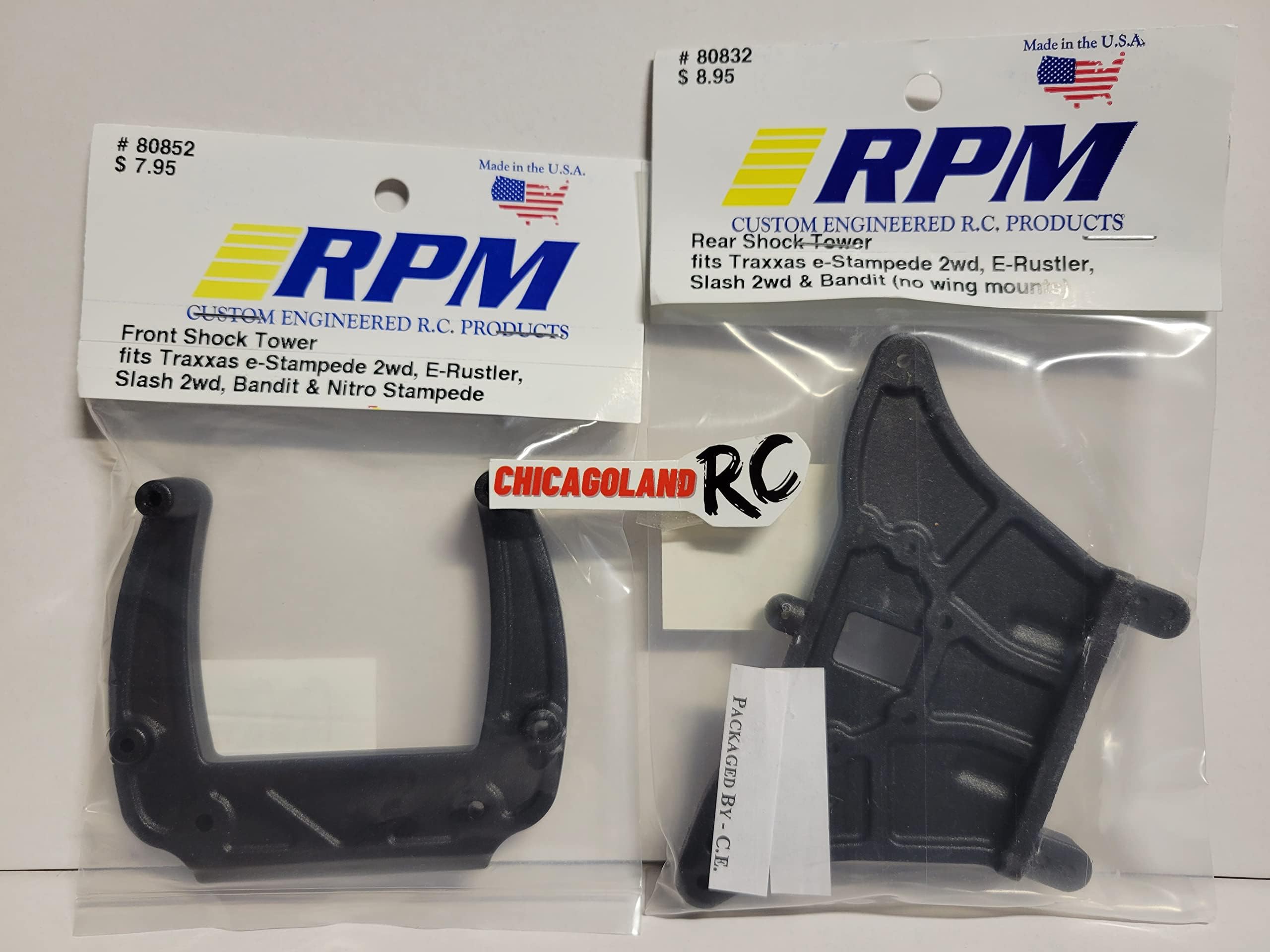 RPM 80832 80852 Front + Rear Shock Tower Compatible with TRAXXAS Stampede rustler Slash RUSTLER Bandit 2WD Includes CHICAGOLAND RC Coupon Replaces 3638 3639