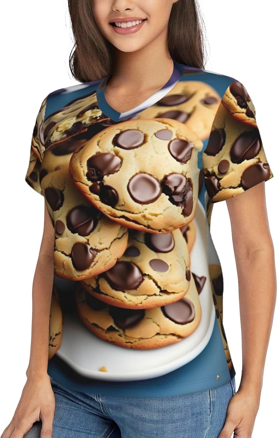 Womens Cookies Food Chocolate Chips Biscuits Print Short Sleeve V Neck T-Shirts Casual Breathable Tee Basic Summer Tops 2026
