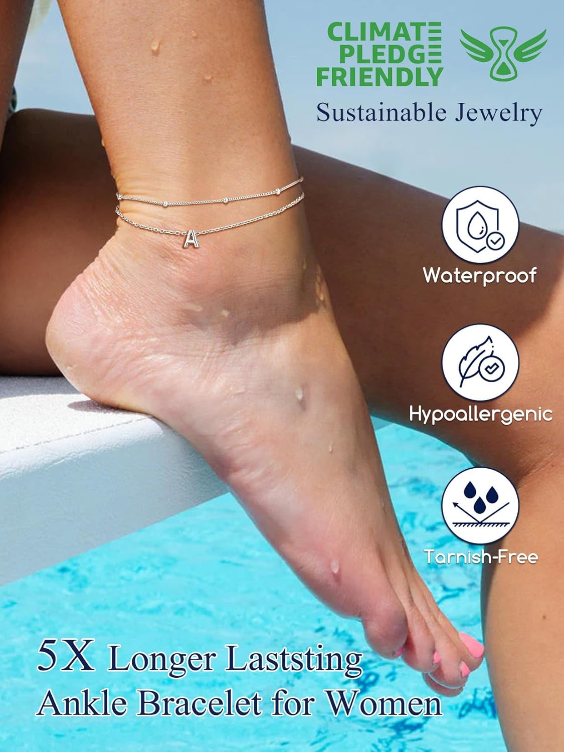 Suplight Sterling Silver Ankle Bracelets for Women Layered Dainty Initial Anklets Foot Chain Beaded Plus Size Anklets for Women Beach Waterproof Jewelry 8.7"+2" - Image 4