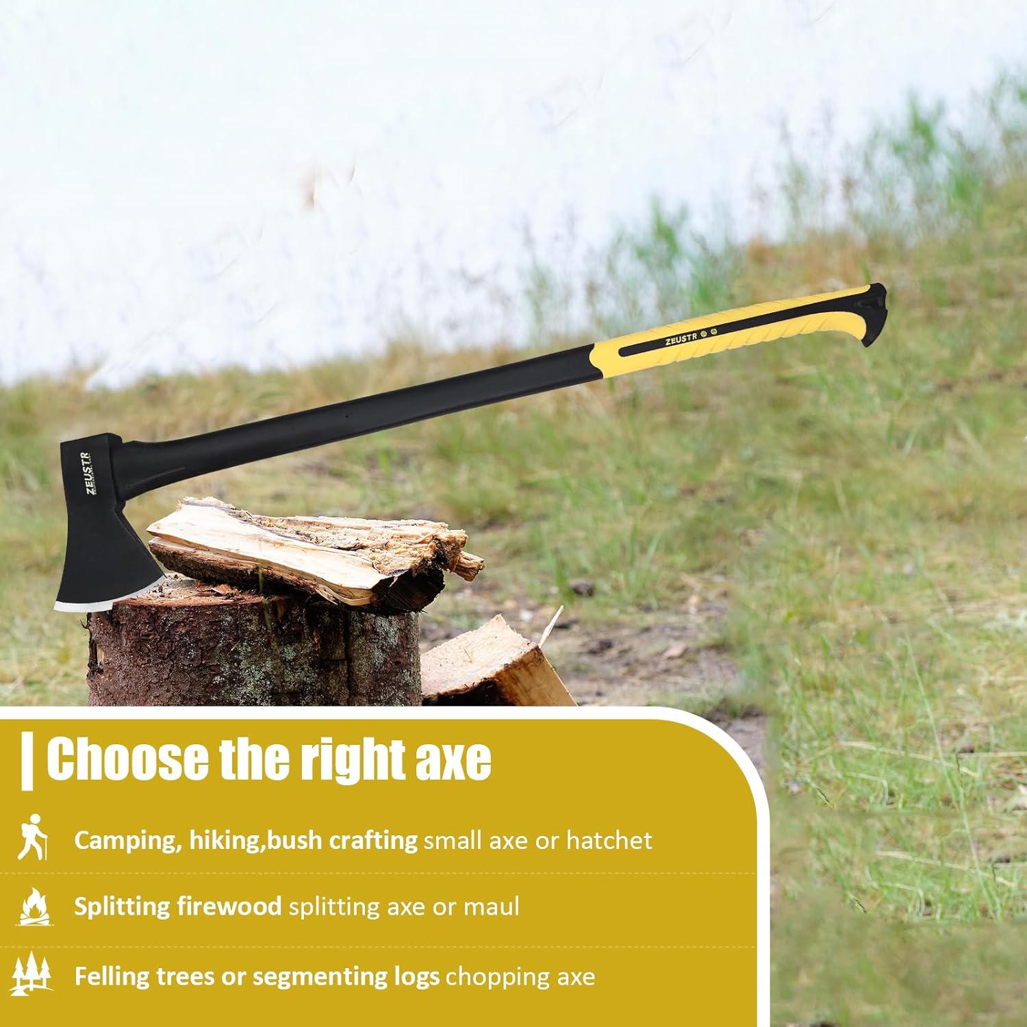 36” Long Camping Axe, Forged Steel Blade with Shock-Absorbing Handle, Outdoor Hatchet for Camping&Kitchen, Wood Chopping and Kindling