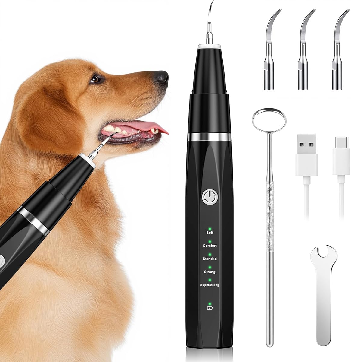Zahnsteinentferner Zahnreiniger Ultraschall für Hund und Katze, Zahnpflege Set für Hunde & Katzen, Zahnreinigung und Reinigungsset Bekämpft Zahnstein Mundgeruch & Zahnfleischentzündungen, Schwarz