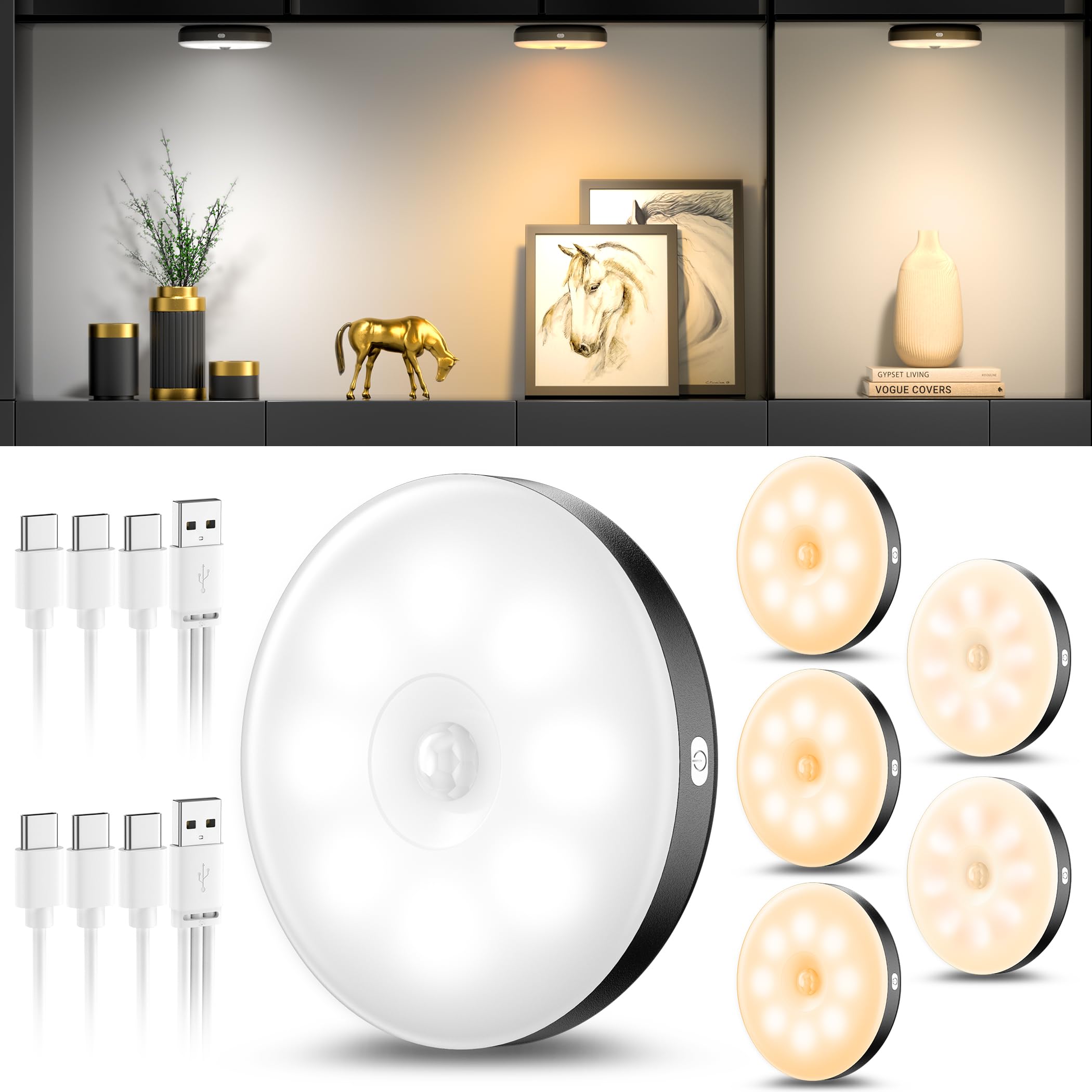 Luce LED da cucina, luce per armadio ricaricabile tramite USB senza fili, luce LED da cucina sottopensile 6000K, dimmerabile magneticamente con sensore di movimento per armadio, scale, cucina (confezi