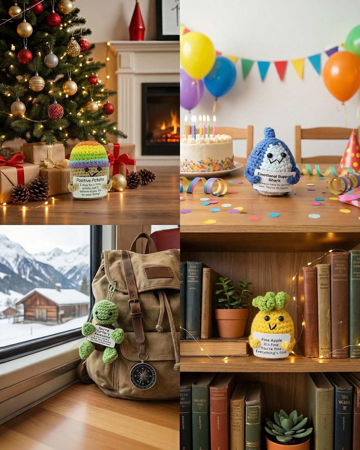 Positive Crochet Animals 4 Pcs Set: Handmade Emotional Support Crochet, Whimsical Crochet with Adorable Positive Potato - Meaningful Gift or Home Decor & Gift for her