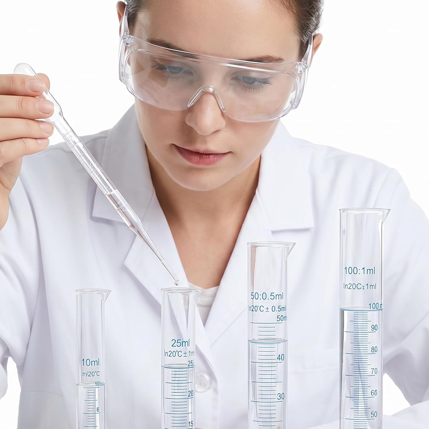 4 PCS Graduated Cylinder Set, Plastic Measuring Cylinder in 10ml, 25ml, 50ml, 100ml with 3ml Plastic Droppers Clear Graduated Polypropylene Lab Test Tubes for Science Experiments & Laboratory Supplies