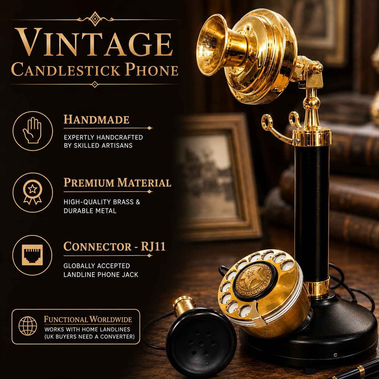Black & Brass Handmade Replica Old Model Rotary Dial Telephone Home & Office Decor Modern Look Old Retro Candlestick Phone Ornamental Phone image 4
