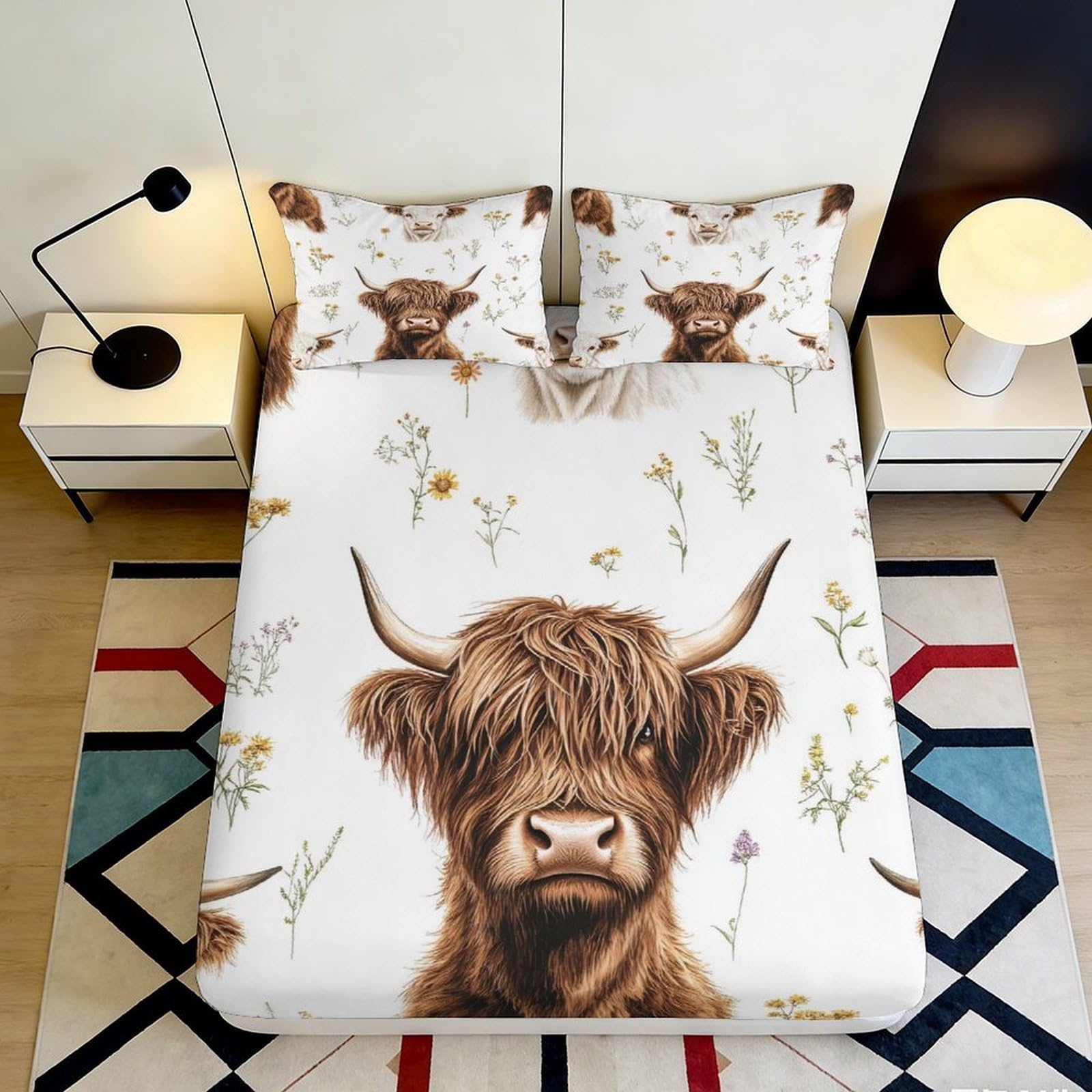 3D Printed Highland Cow Fitted Sheet Microfiber Soft Breathable Pasture Bed Cover for Bedroom Guest Room Decor 90x200x25cm