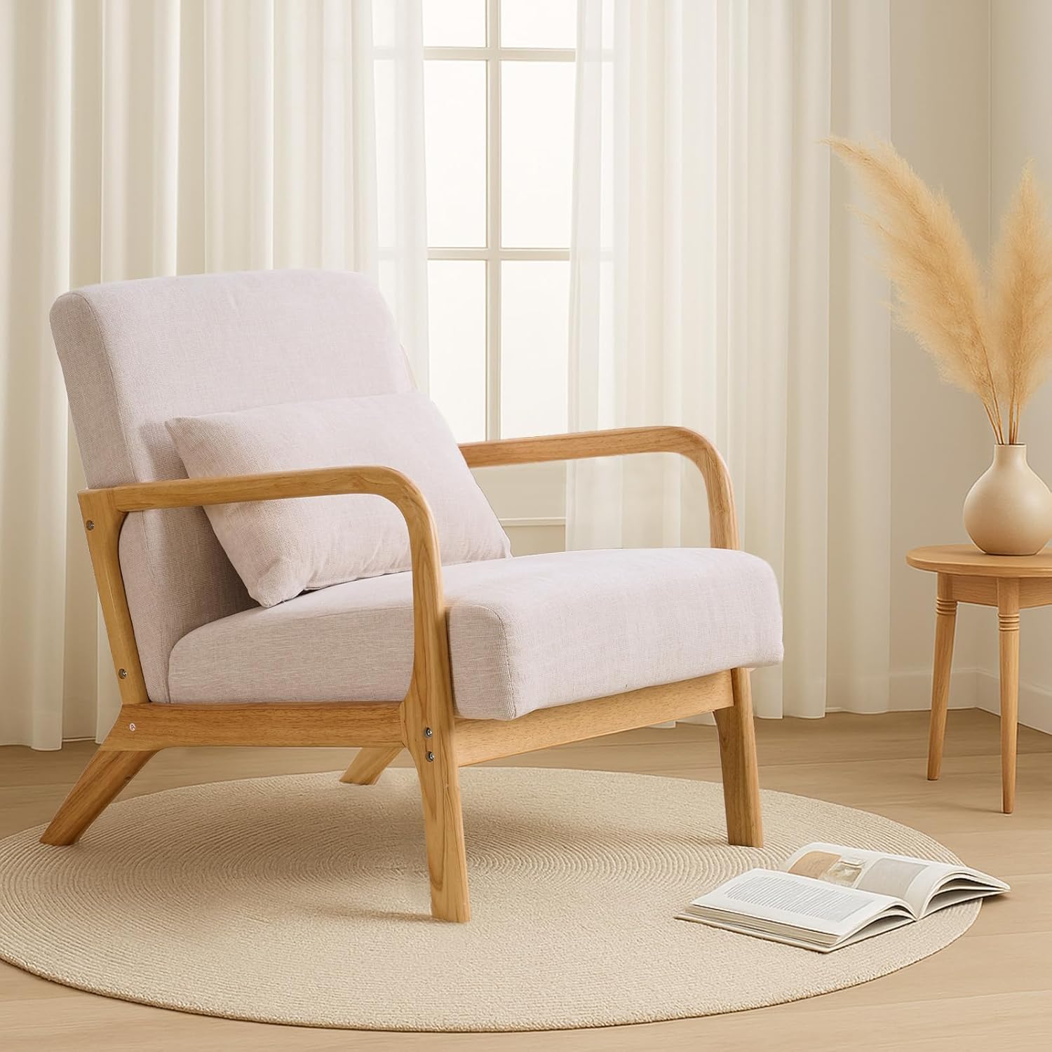 Joysoul Modern Accent Chair - Mid Century Modern Armchair with Waist Cushion & Solid Wood Frame, Upholstered Lounge Chair for Living Room, Bedroom, Office(Cream)