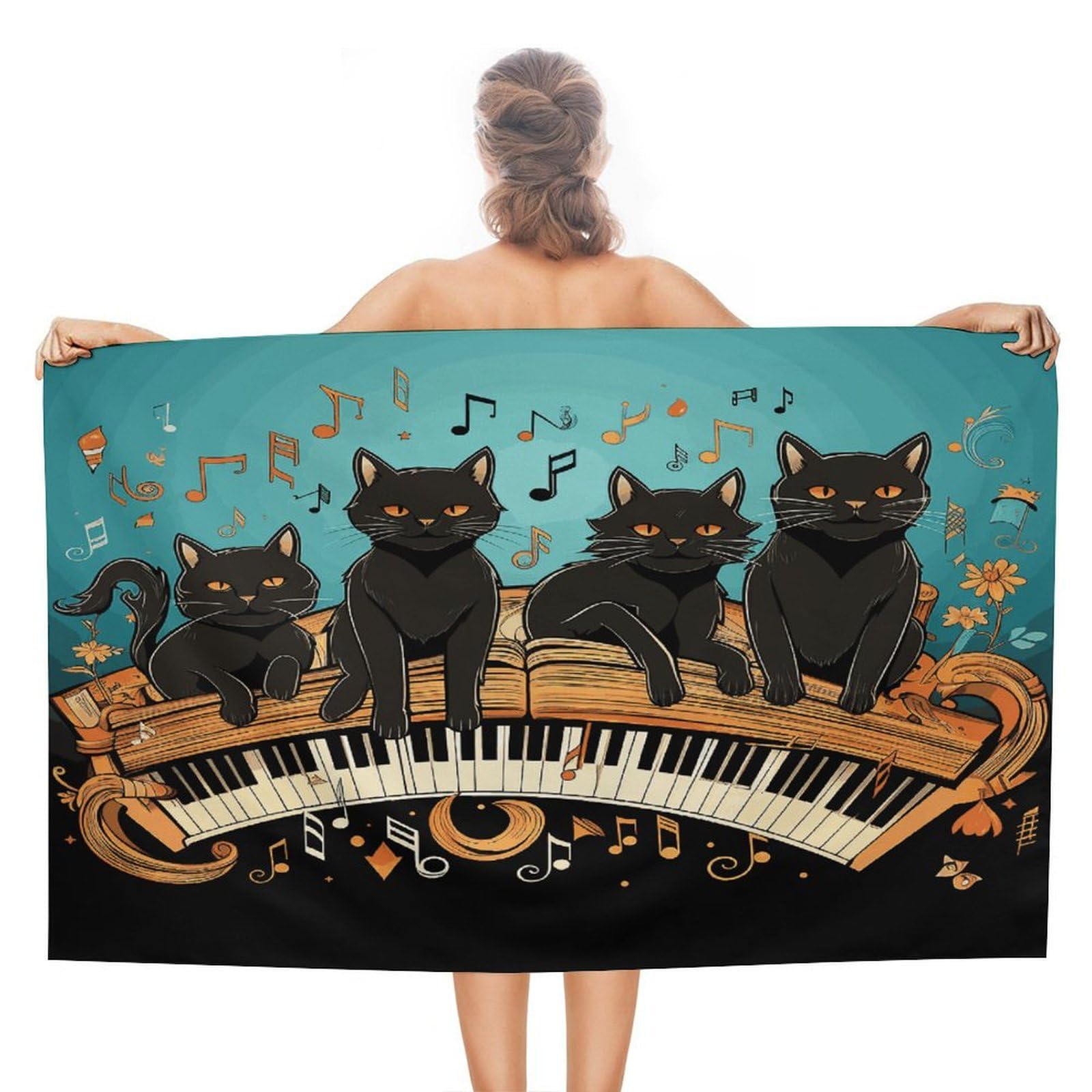 Fekiloot Style Four Black Cats Lying On The Piano Keyboard Beach Towel-Absorbent And Quick-Drying,Gym Towel-Ultra Portable,Resistant,Travel Towel For Shower,Beach,Gym,Spa,Swimming & Outdoor Adventures