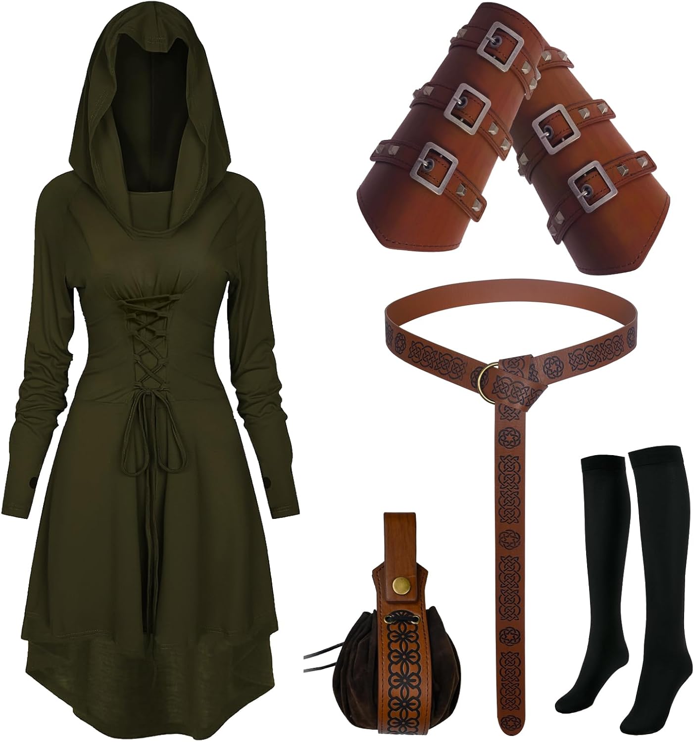 Renaissance Costume Women Hooded Robe Lace Up Dress Halloween Vintage Medieval Cloak