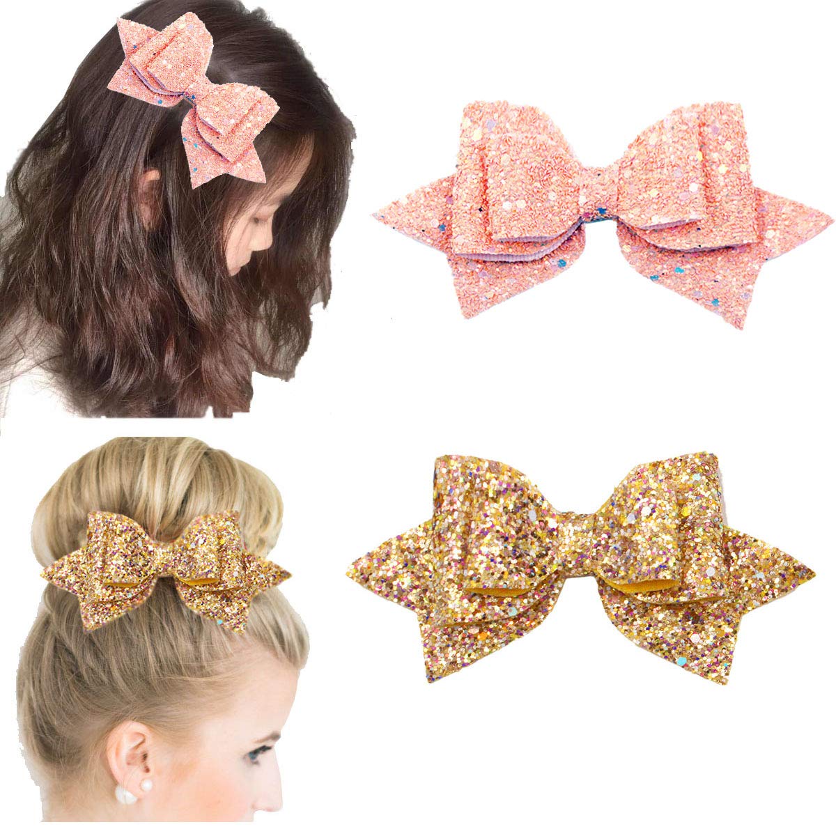 6PCS 5Inch Glitter Hair Bows Large Big Bling Sparkly Sequin Glitter Bows Alligator Hair Clips Hair Accessories for Baby Girls Toddlers Kids Teens Women