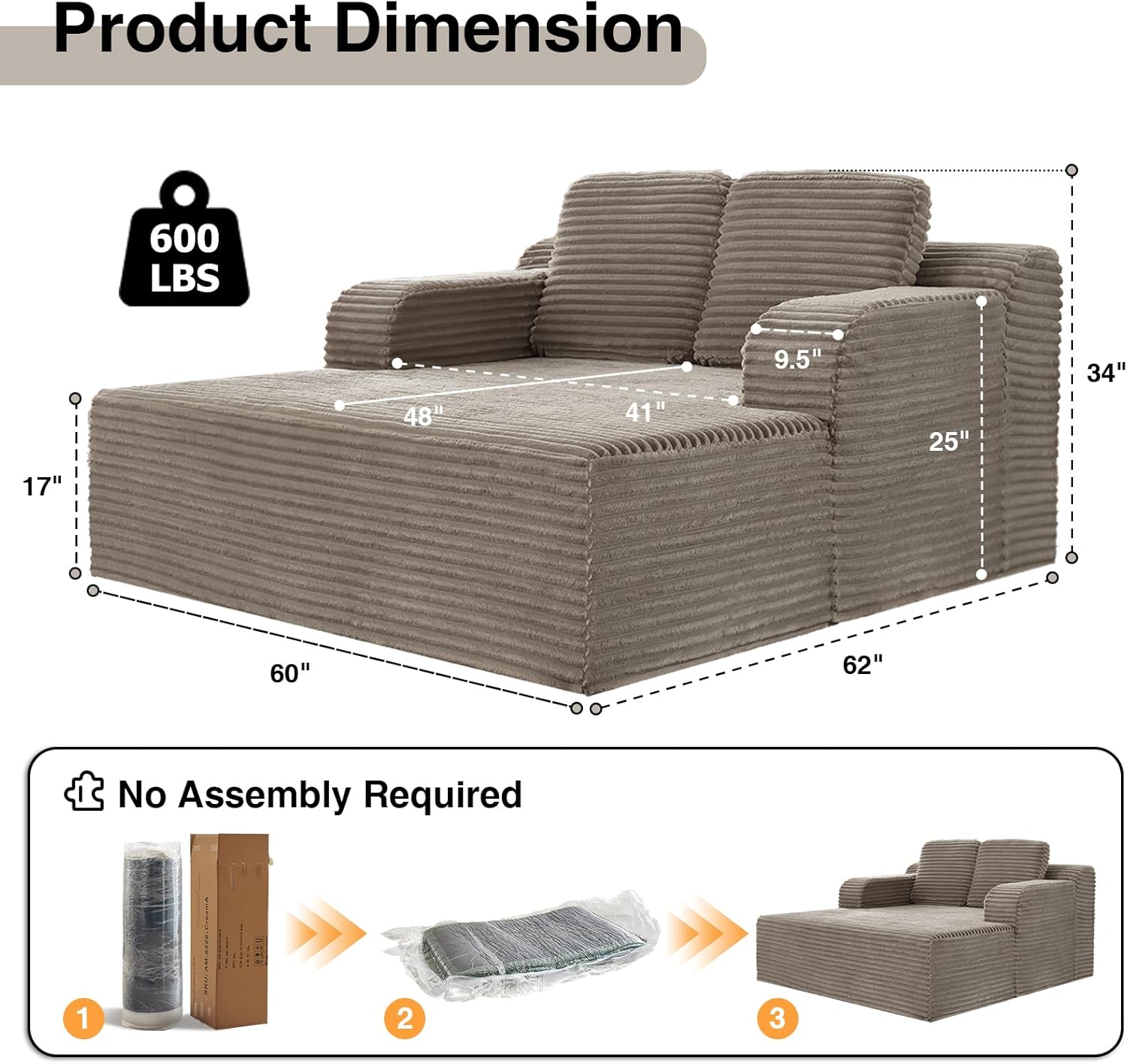 60" Oversized Chaise Lounge Chair Indoor, Comfy Corduroy Sleeper Sofa with 2 Throw Pillows and Armrests, Cozy Couch for Living Room, Bedroom, Movie Room, Camel