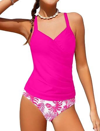AGAPENG Girls Tankini Swimsuit Twist V Neck Bathing Suit Ruched Girls Swimsuit Two Piece Printed Girls Swimwear 9-16 Years