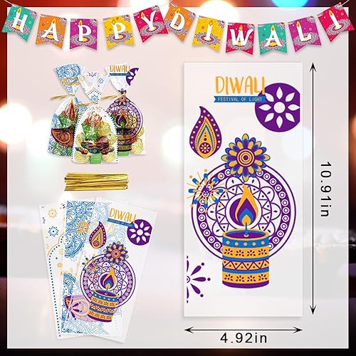 Miniatura 2 de 120 bolsas Diwali Diwali de celofán, bolsas de golosinas para el festival de luces, bolsas de dulces, Deepawali, 3 estilos, velas Happy Diwali,