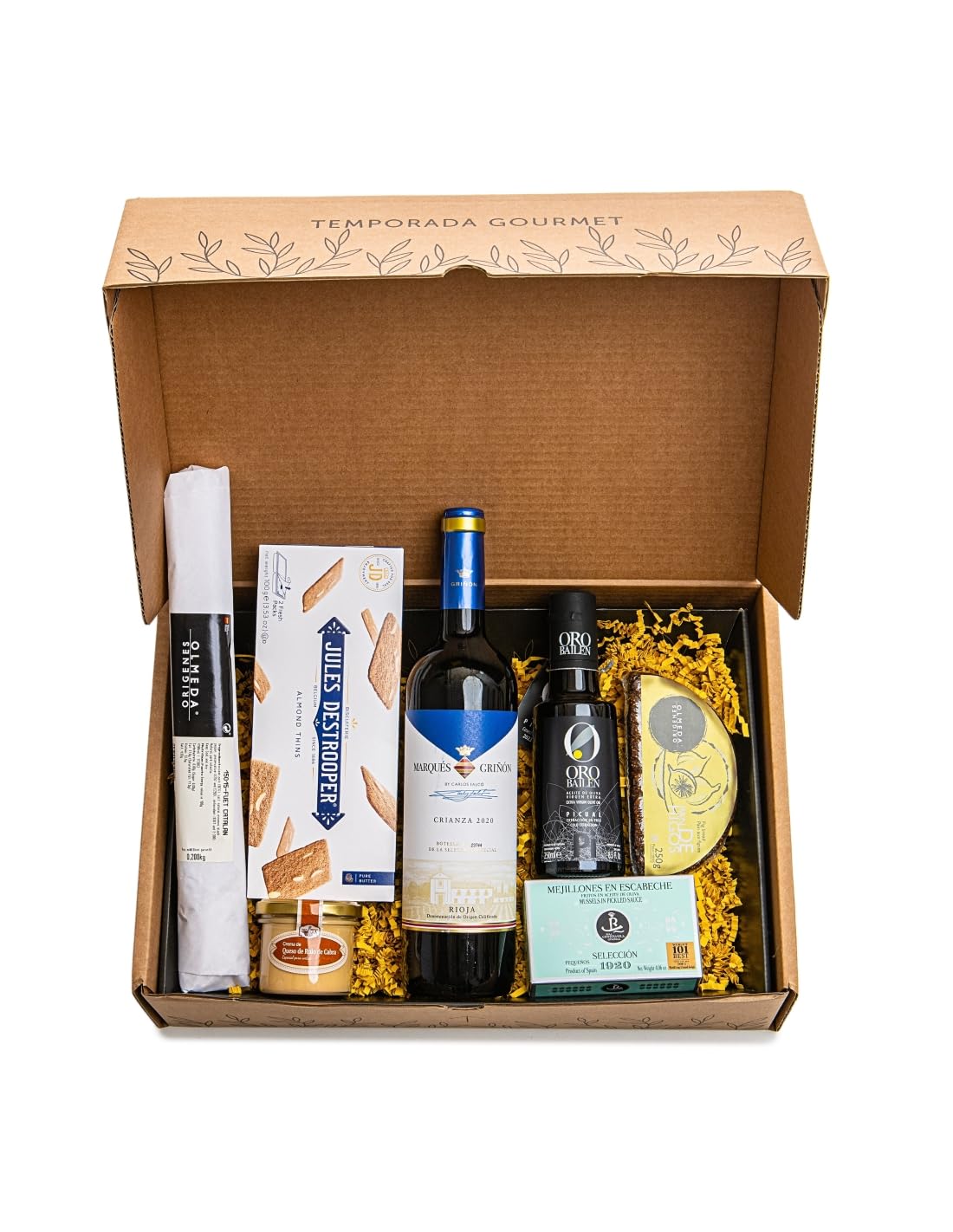 Cesta Gourmet Regalo OLIVA SUPER - aceite de oliva virgen extra Oro Bailen, Vino tinto D.O. Rioja Marqués de Griñón, Fuet de Vic, Mejillones fritos en escabeche, Crema de queso de rulo, Pan de higo..
