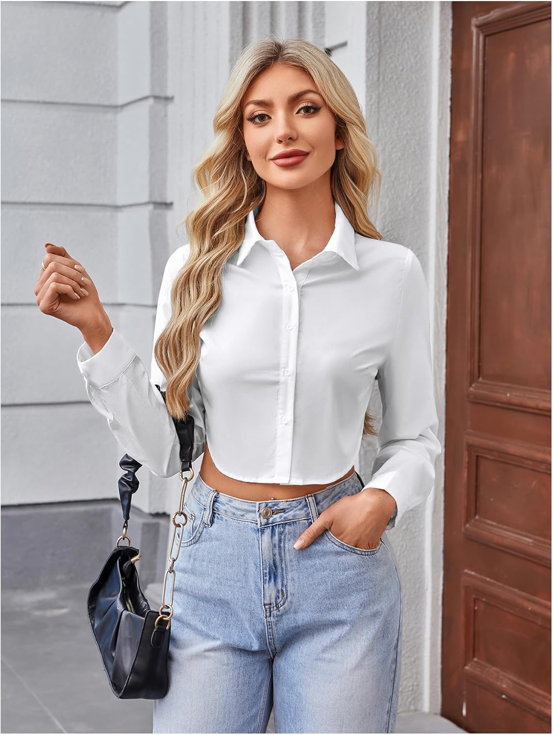 Floerns Women's Casual Button Down Long Sleeve Curved Hem Blouse Crop Tops - Image 3