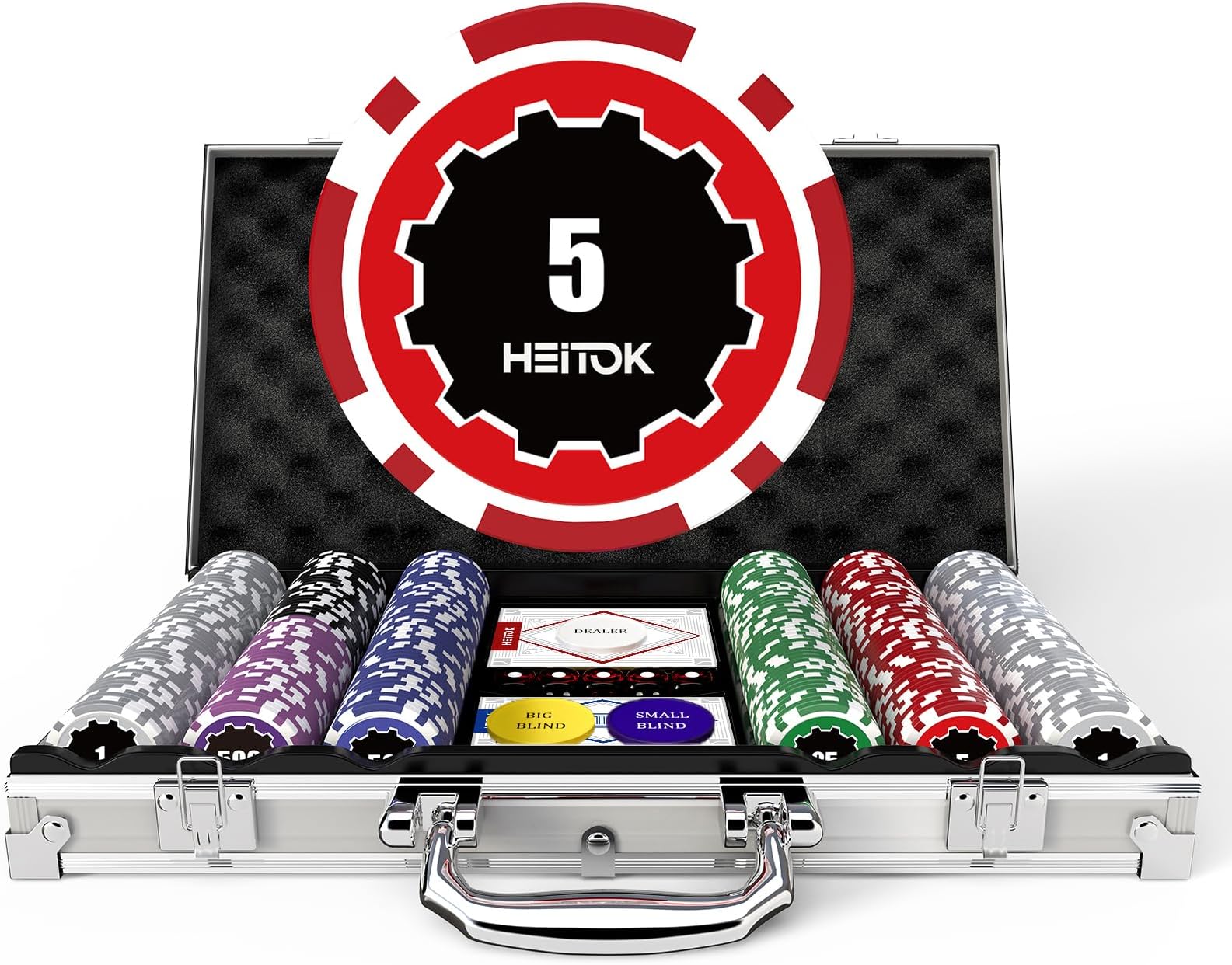 HEITOK Poker Chips with Denominations, 300-pcs 11.5g Weighted Numbered Casino Chips Set, 5 Dice, 2 Decks with Compact Aluminum Case for Texas Hold'em, Blackjack, Age 8 and Plus