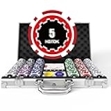 Poker Chips with Denominations, 300-pcs 11.5g Weighted Numbered Casino Chips Set, 5 Dice, 2 Decks with Compact Aluminum Case for Texas Hold'em, Blackjack, Age 8 and Plus