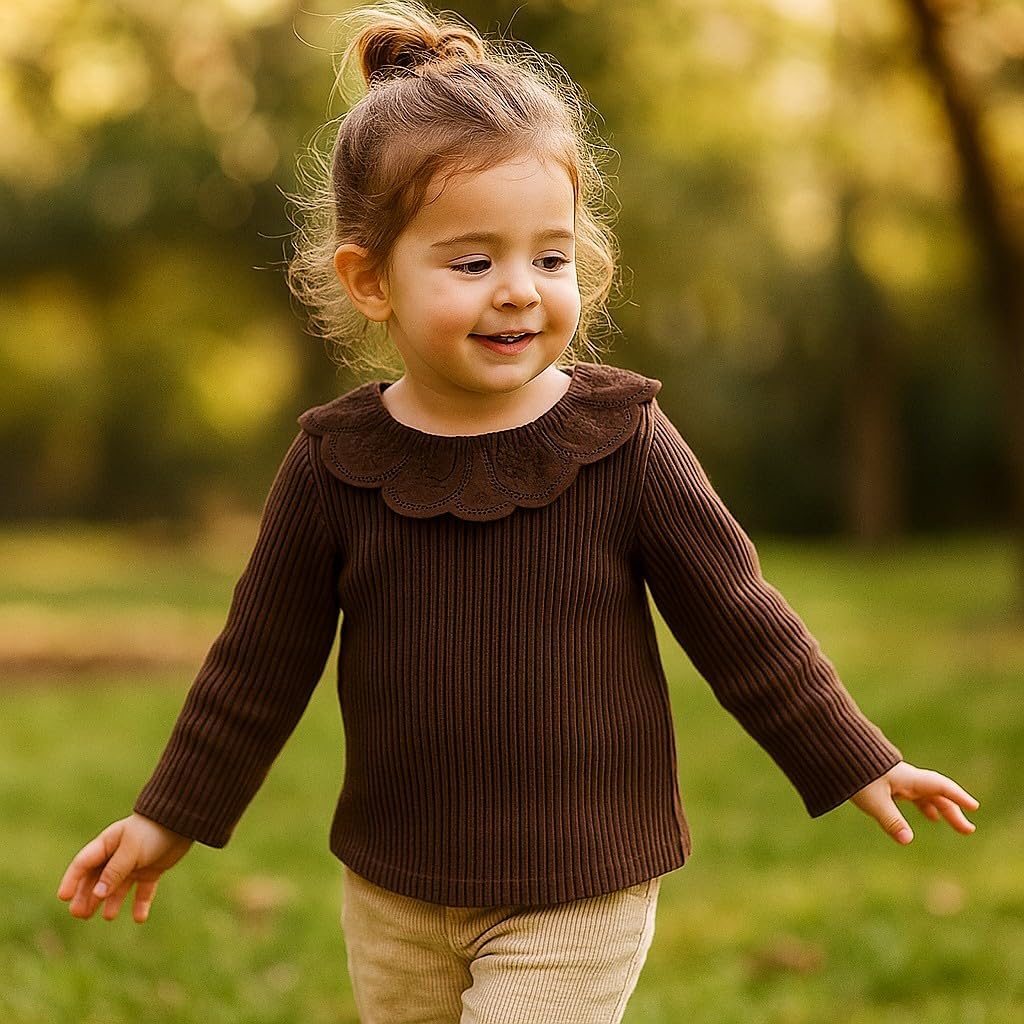 OPAWO Toddler Girl Long Sleeve Shirt Boho Embroidered Collar Ribbed Girls Tshirts Tops Blouse Fall Winter Clothes 12Months-5T - Image 2