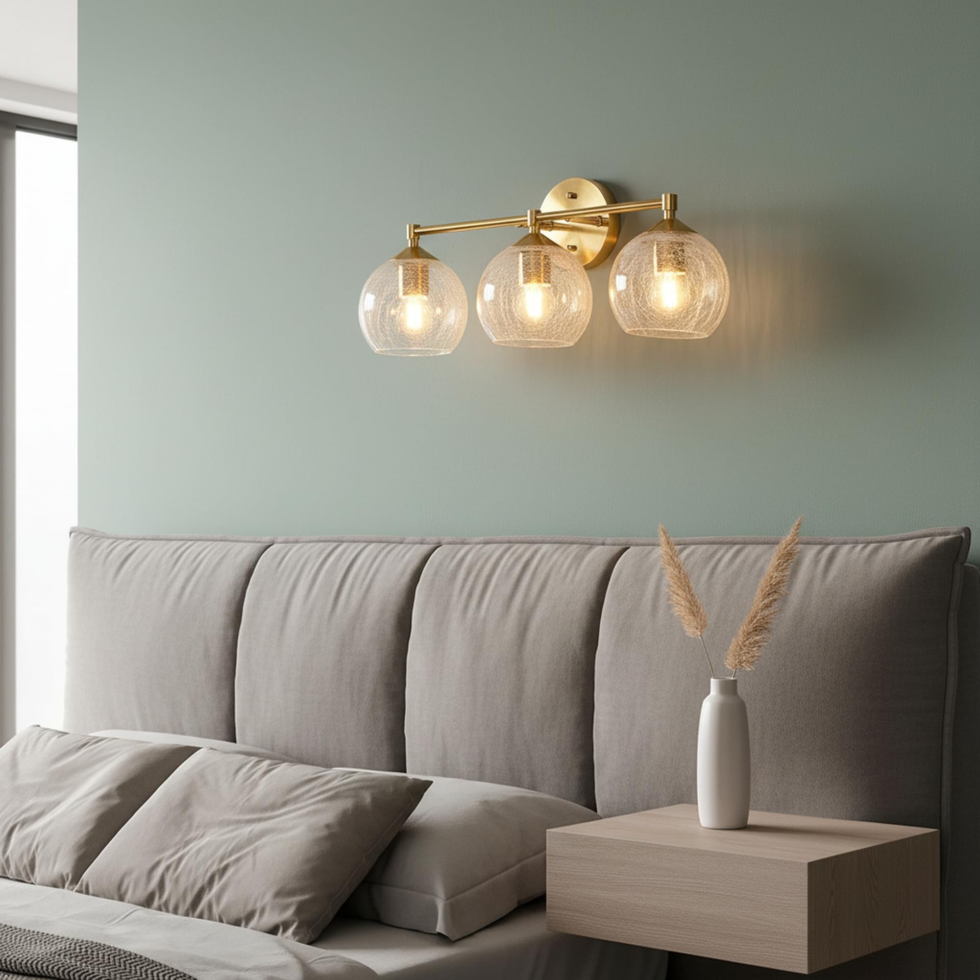 Tribesigns Applique Bagno 3 Luci, Lampada da Specchio Dorata con Sfere in Vetro Craquelé, Applique Murale E27 con Lampadine Incluse, Larghezza 43 cm, Illuminazione Moderna per Specchio Bagno, Lavabo