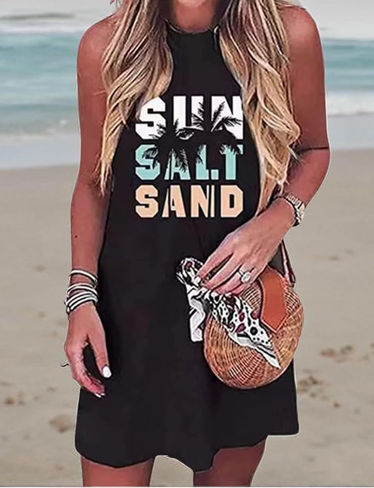 Coconut Tree Sleeveless Mini Dress Funny Letter Loose Tank Dress Casual  Summer Sundress Beach Vacation Dress(Small,Black-03) at Amazon Women's  Clothing store