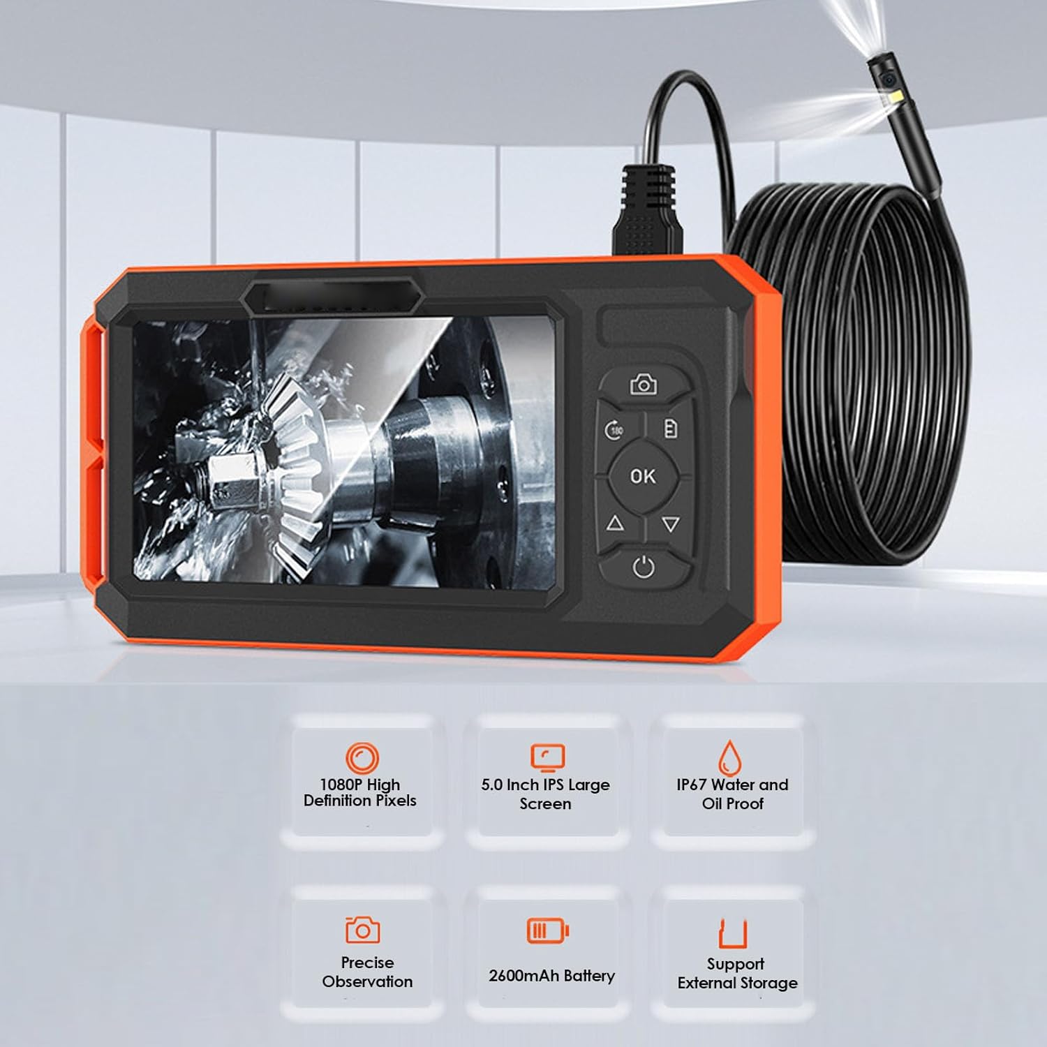 Eujgoov Industrial Endoscope Camera, 5 Inch IPS HD Display Dual Lens Borescope 7.9mm LED Lights for Car Maintenance Plumbing Inspection
