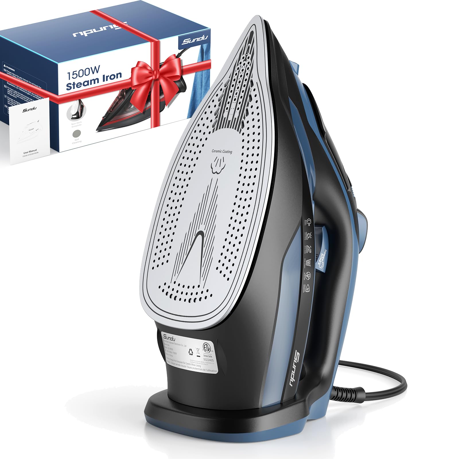 Steam Iron for Clothes 12s Fast Heat-up, 1500W Iron with 13.21oz Water Tank, 3-Way Auto shutoff, Burst Steam, Spray Mist, Anti-Drip, Self-Cleaning, Vertical Ironing for Home