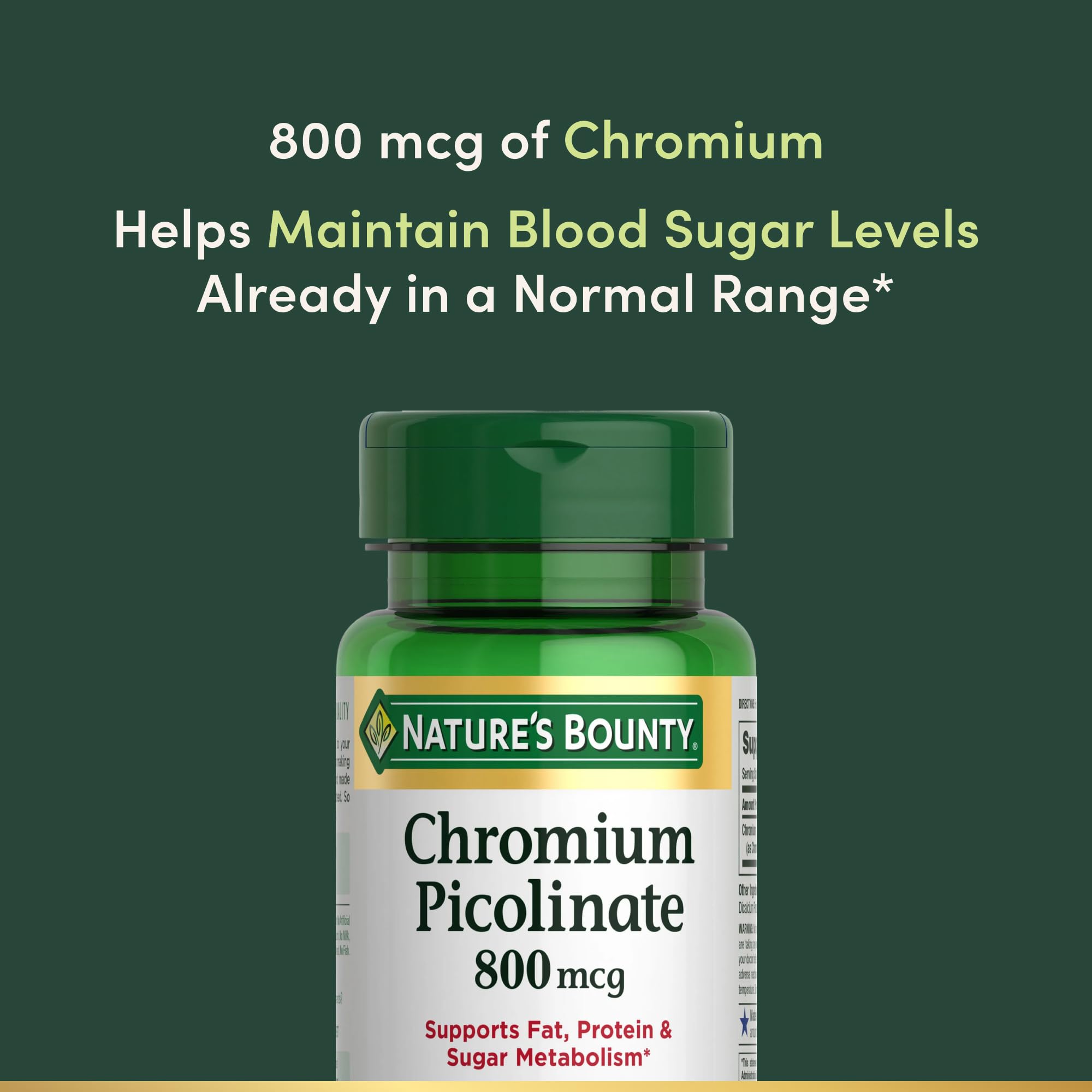 Nature's Bounty Chromium Picolinate, Supports Fat, Protein & Sugar Metabolism, Mineral Supplement, 800 mcg, 50 Tablets — Amazon image 3