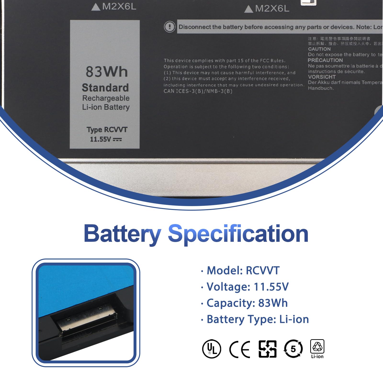 ANTIEE 83Wh RCVVT Laptop Batterie d'ordinateur portable pour Dell Precision 7670 7680 7770 7780 Series X9FTM NWDC0 X26RT T6PFX 451-BCYH 11.55V 6827mAh