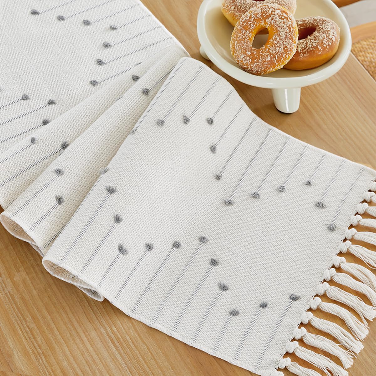 Wracra Boho Table Runner, Natural Cotton Woven Macrame Table Runners 36 Inches Long for Modern Farmhouse Woven Home Decor, 14x36 Inch, Grey