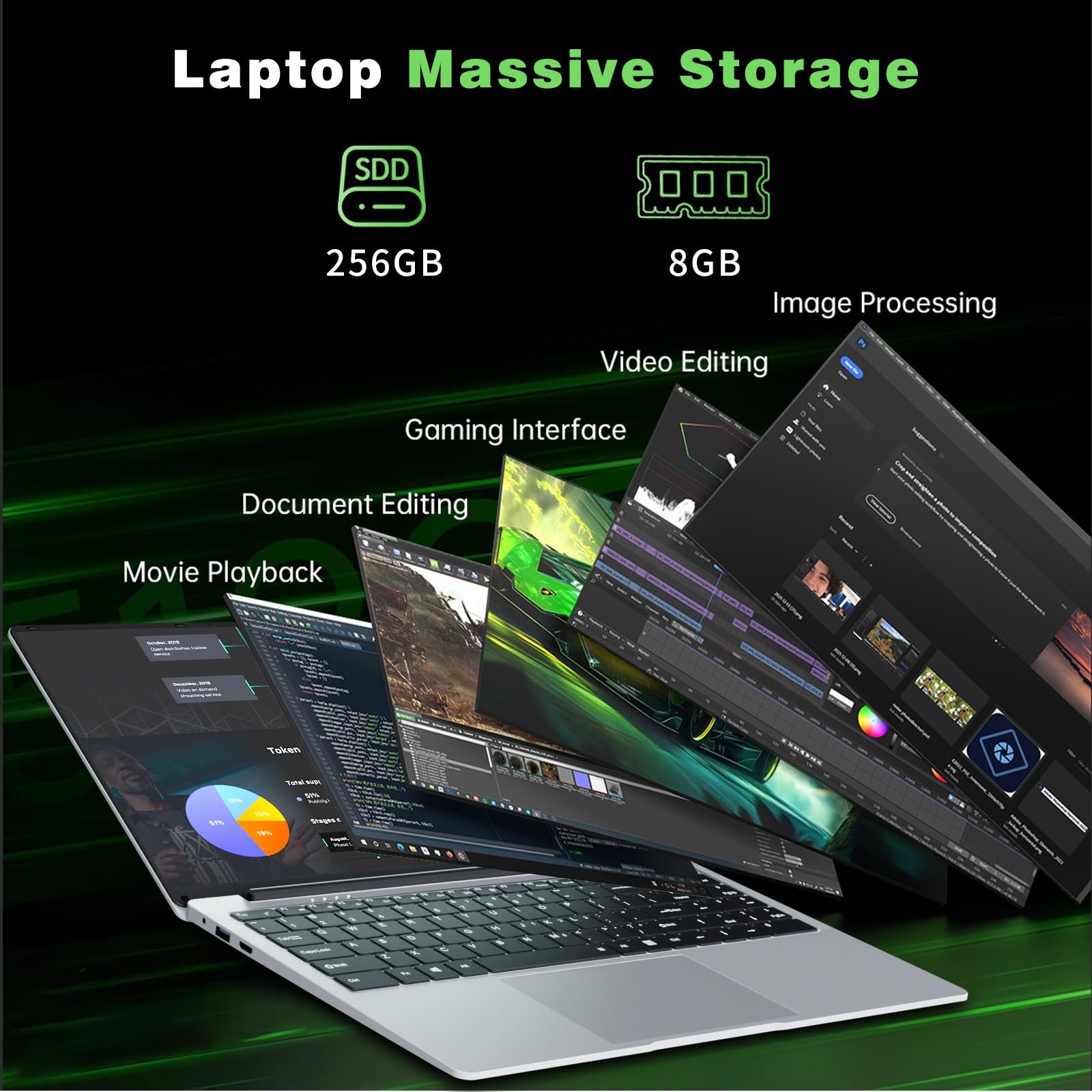 Ordinateur Portable 15,6 Pouces PC Portable Win 11 Celeron N4000 Processeur, 8Go DDR4 RAM 256Go SSD, Laptop Écran FHD IPS Pivotant 180°, Mini HDMI, 2*USB3.0, WiFi5, BT4.2 SSD Développer 1To