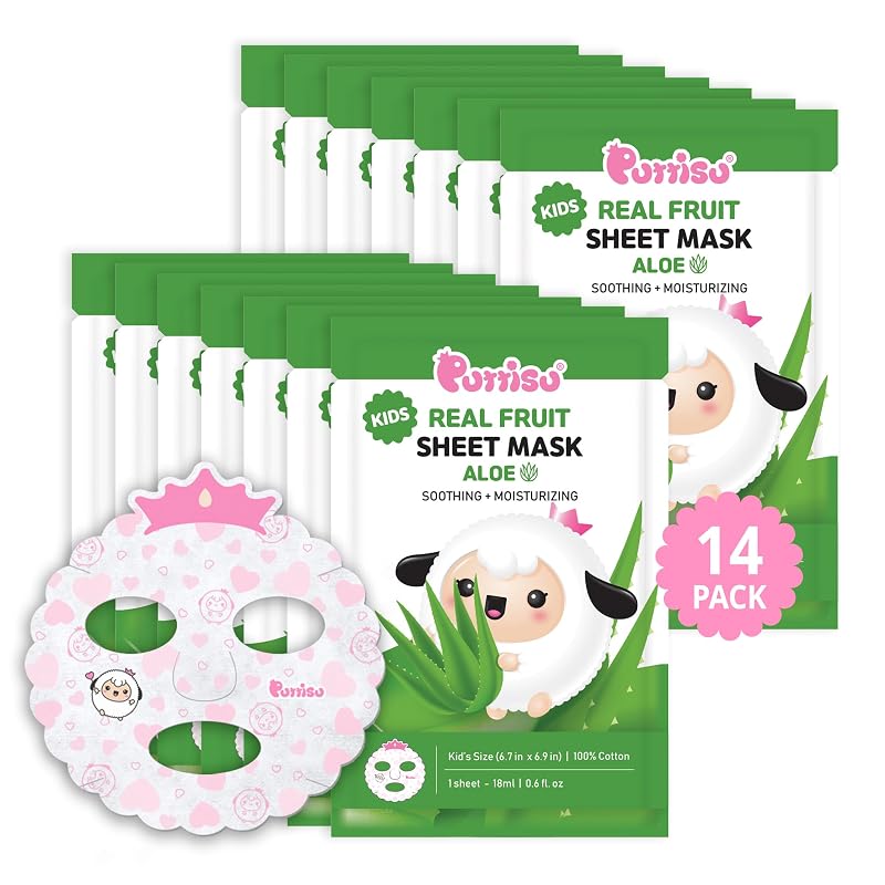 Puttisu Máscara Facial em Folha Infantil de Algodão com Aloe, Pacote com 14