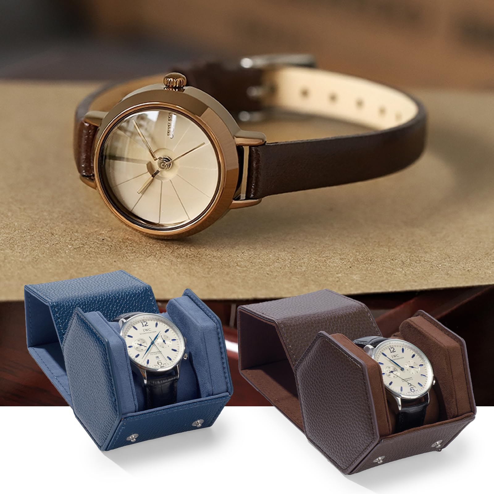 Boîte de Rangement hexagonale Marron pour Montres de Luxe, étui de Voyage Enroulable, Coffret Cadeau pour Noël, Anniversaire (Marron)