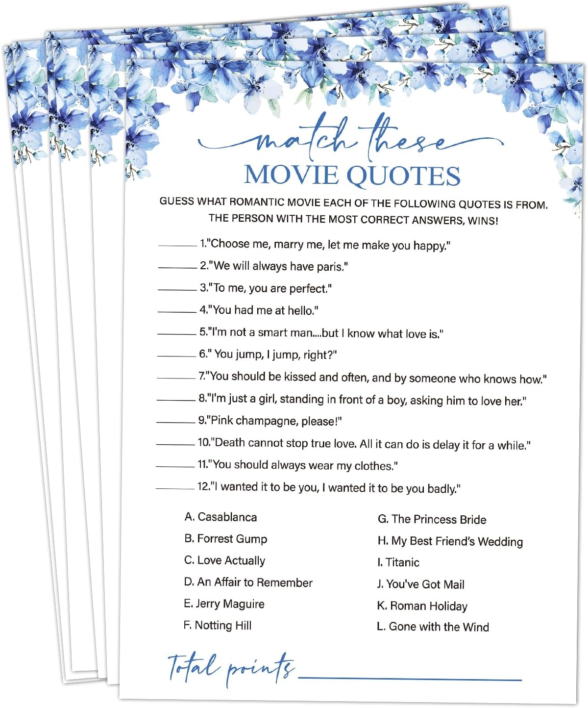 Match These Movie Quotes Bridal Shower Games, 25 Blue Floral Bridal Shower Game Cards & 1 Answer Card, Engagement Party Game for Guests, Wedding Games for Reception, Marriage Party Supplies -15