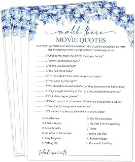 Match These Movie Quotes Bridal Shower Games, 25 Blue Floral Bridal Shower Game Cards & 1 Answer Card, Engagement Party Game for Guests, Wedding Games for Reception, Marriage Party Supplies -15