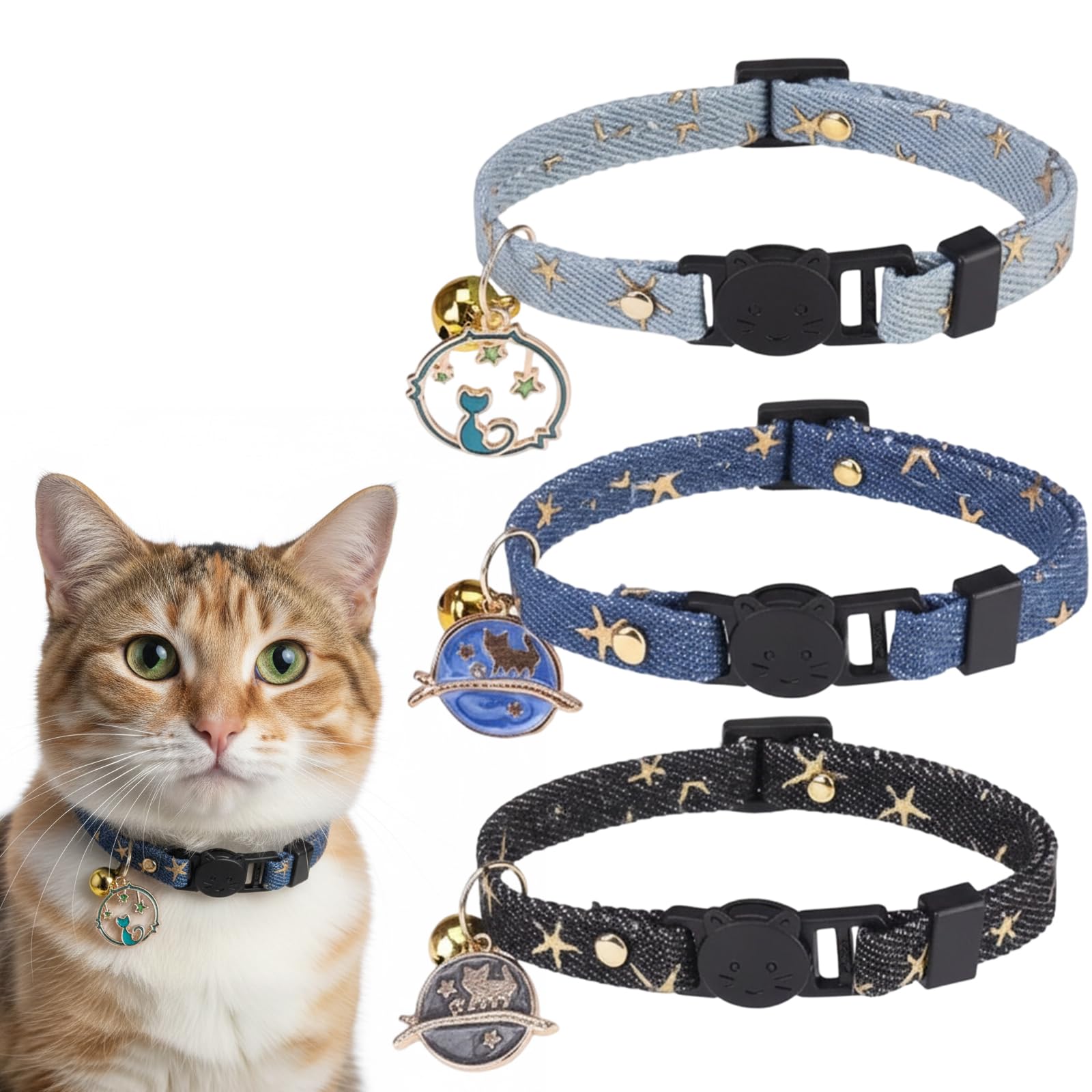3pcs Cat Collar, Cat Collar with Bell, Kitten Collar Adjustable Safety Breakaway Design, Moon and Stars Pendant Pet Accessory for Kitty Puppy Small Petscustom