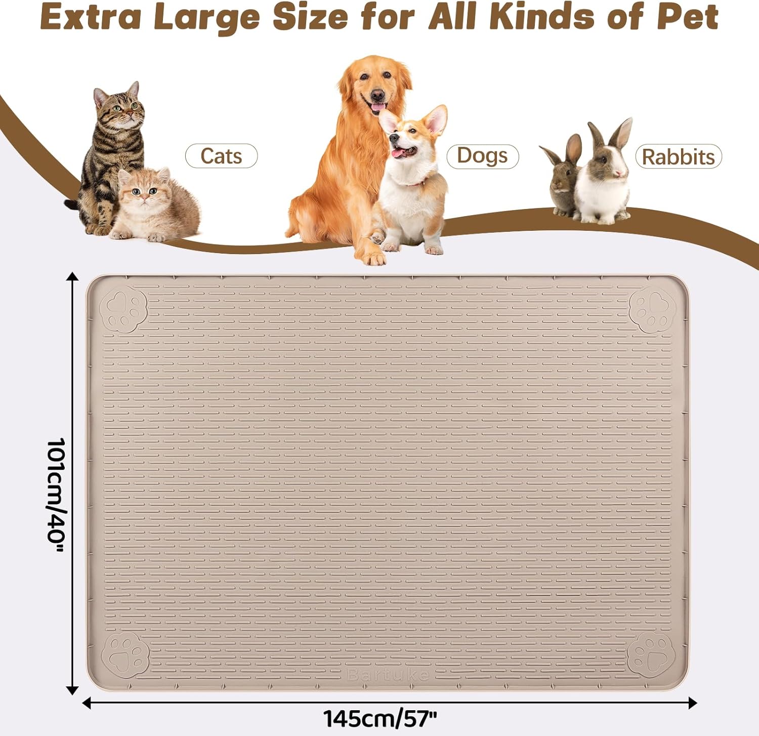 Cat Food Mat, 57" x 40" Extra Large Silicone Pet Feeding Mat with Raised Edge Pet Placemat for Food and Water Bowl Non-Slip, Easy to Clean, Floor Protection (Khaki)