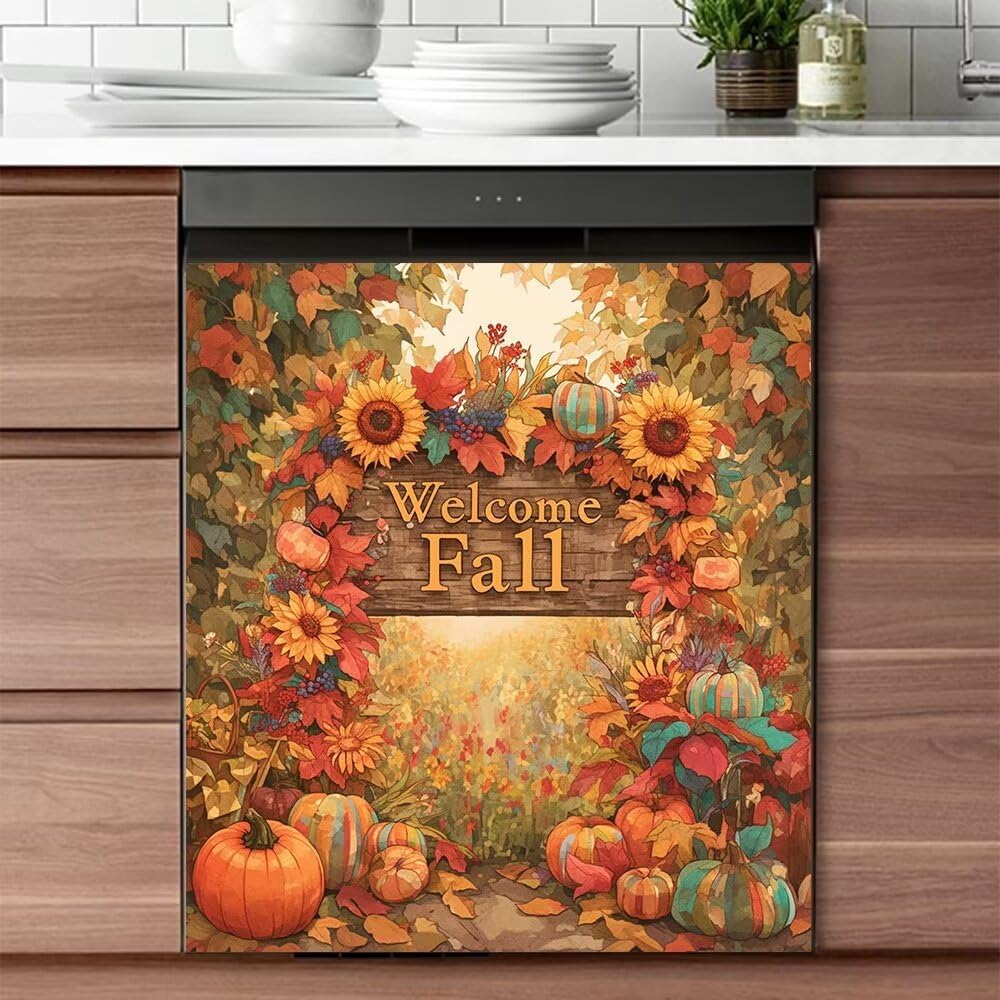 Welcome Fall Pumpkin Pattern Dishwasher Kitchen Decoration Sticker,Magnetic Refrigerator Cover Magnet Vinyl Sticker 23W x 17H inchs