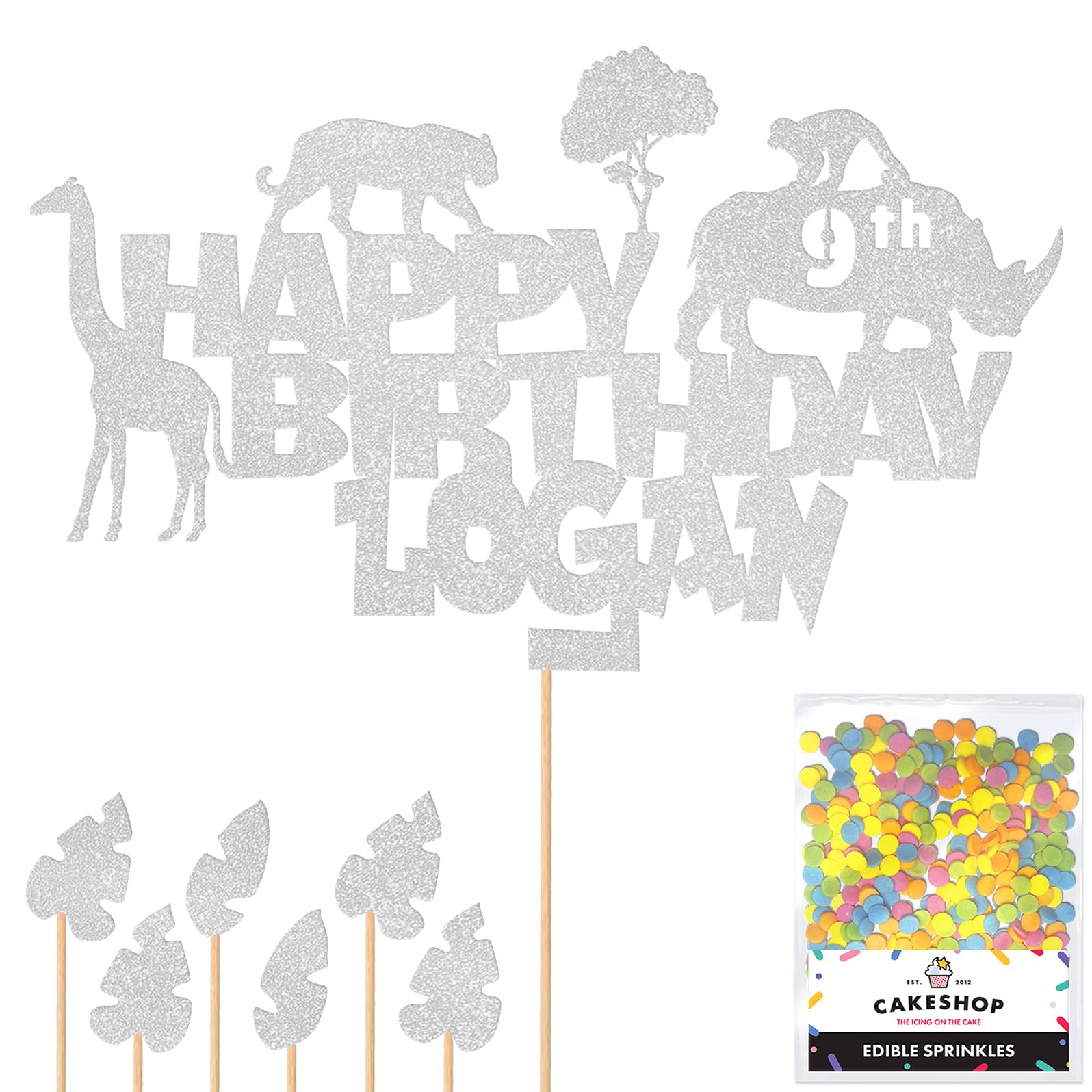 Personalised Jungle Animals Glitter Cake Topper Silver Any Custom Age & Name Glitter Cake Decoration and Sprinkles - Happy Birthday Decorations - Personalised Toppers for Cakes by Cakeshop — image 1