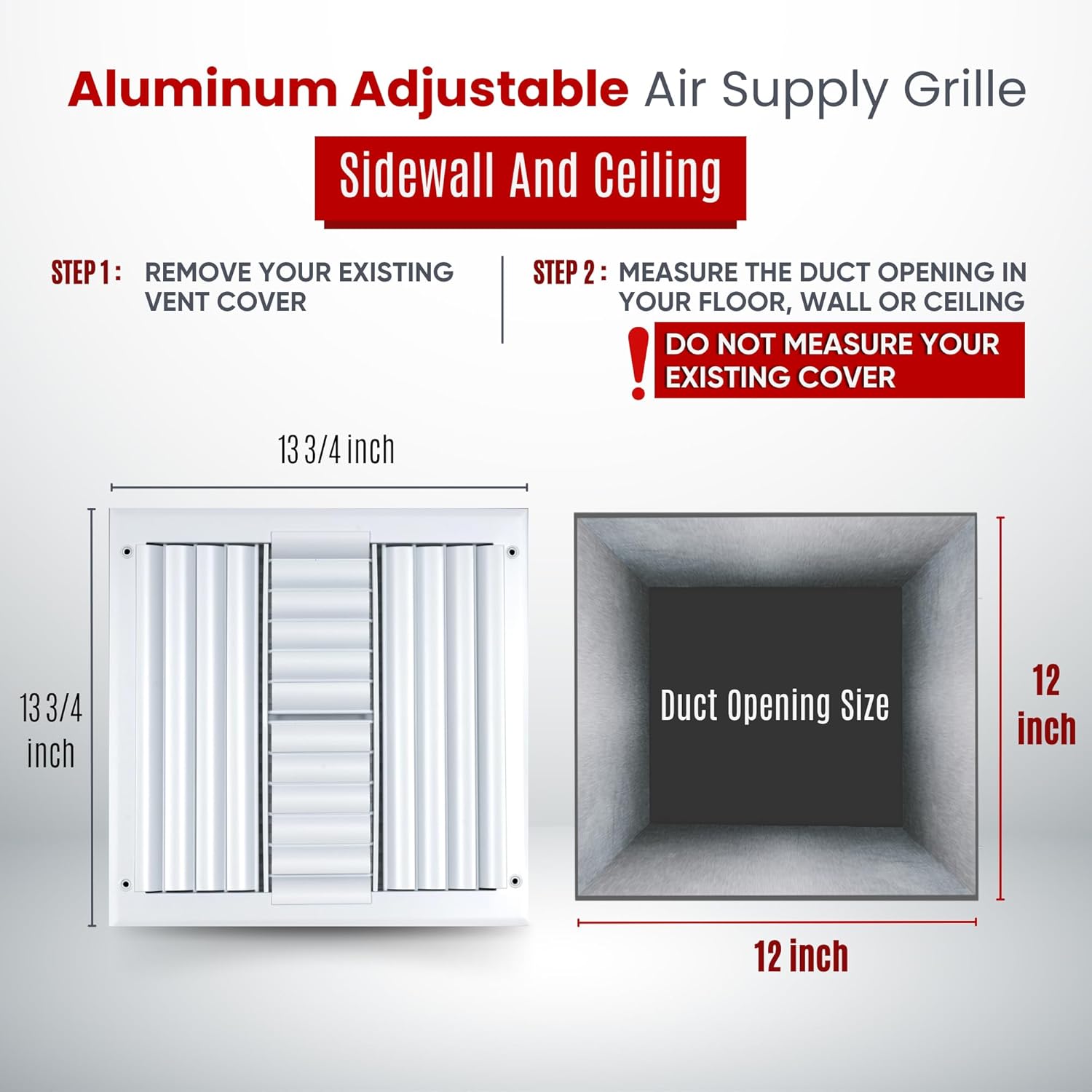 Fits 12x12 Duct Opening Aluminum 4-Way Adjustable Air Supply Grille by Handua | Curved Blade Register Vent Cover for Sidewall & Ceiling | White | Outer Size: 13.75" X 13.75"