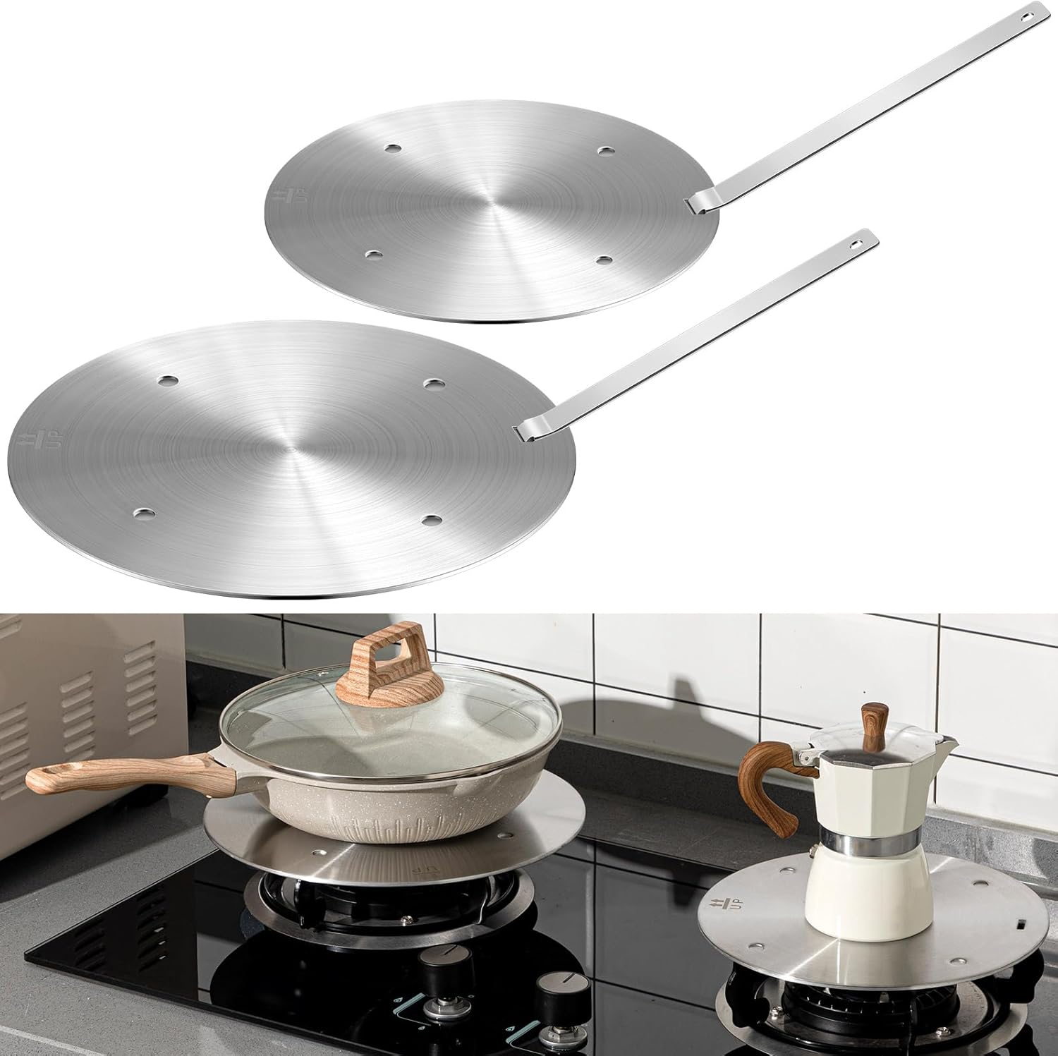 2 Pcs 9.5" and 11'' Stainless Steel Induction Adapter Plate Cooktop Heat Diffuser for Gas Stove Diffuser Plate with Handle Converter Disk Simmer Ring for Electric Stove(4 Slots,Silver)