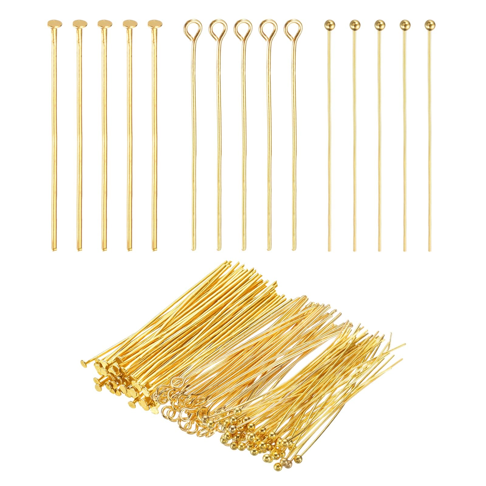 PATIKIL Head Pins Set for Jewelry Making, 600 Pcs 3 Styles 1.77" Flat Head & Ball Head Pins & Eye Pins Findings for DIY Necklaces, Earrings, Bracelets Making Supplies (Gold Tone)