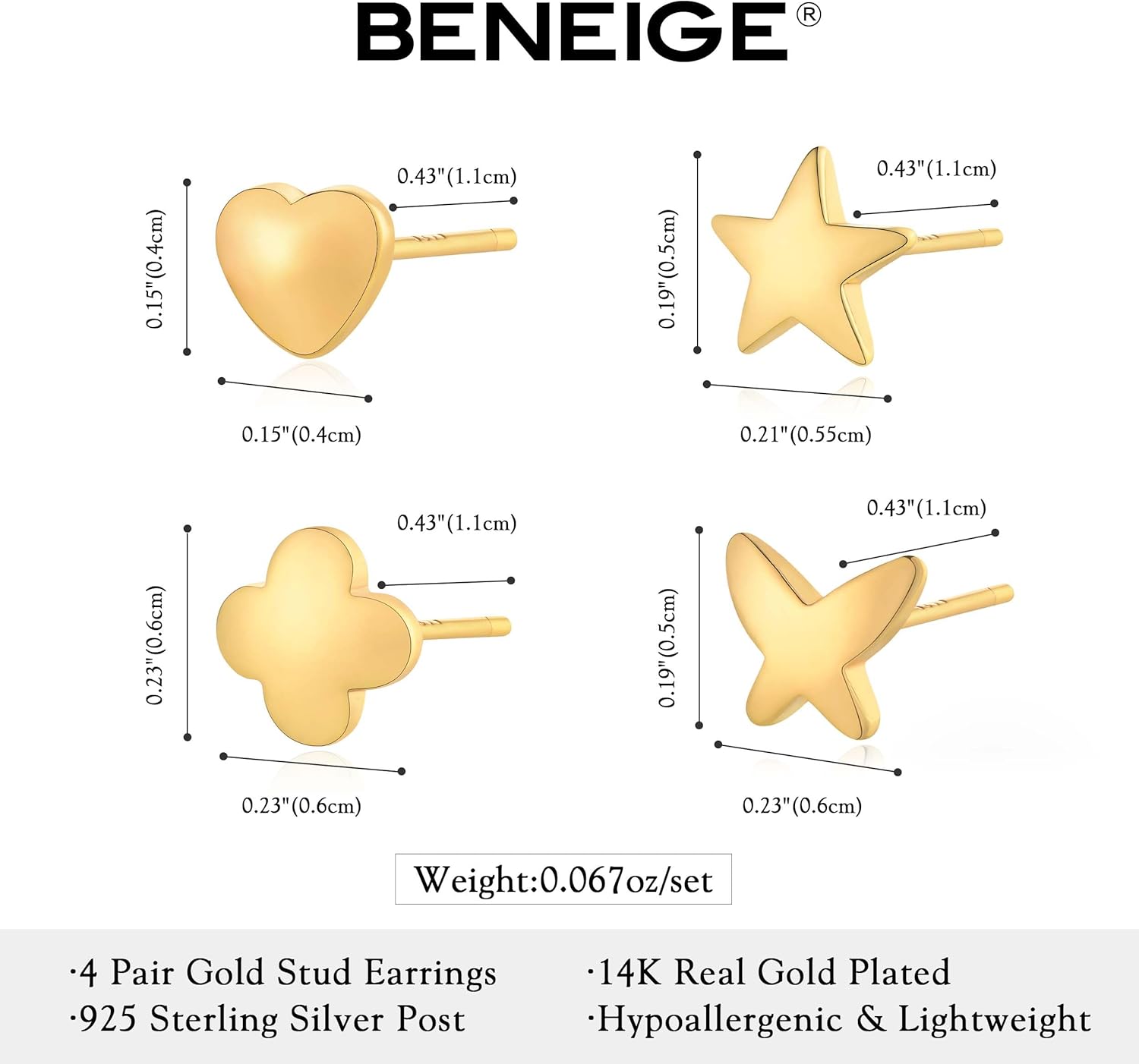 BENEIGE 4 Pairs Small Stud Earrings Set for Women Men | 14K Gold Plated Women Earrings Set Multiple Piercings | Cross Cartilage Earrings | Butterfly Helix Piercing Earrings | Windmill Snowflake Fox Airplane Star Heart Cloud Flower Earrings - Image 7