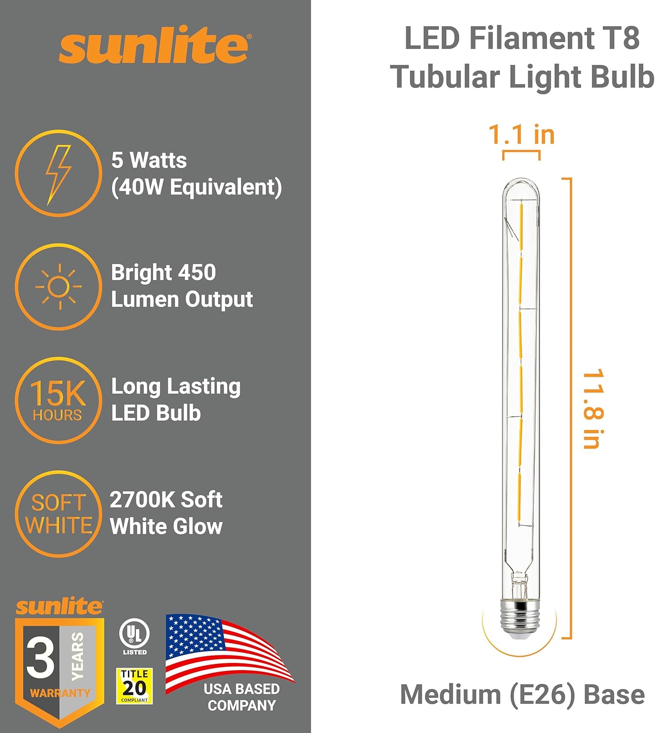 Sunlite 41402 LED Filament T8 Tubular Light Bulb, 5 Watts (40W Equivalent), 450 Lumens, Medium E26 Base, Dimmable, 300 mm, UL Listed, 90 CRI, 2700K Soft White, 10 Count