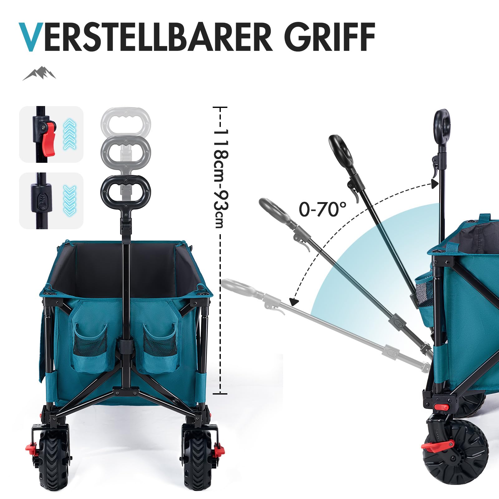 PORTAL Bollerwagen faltbar XXXL 300L größe Reifen 17x10cm mit Bremse Getränkehalter Seitentasche Faltwagen klappbarer Transportwagen für Alle Gelände Camping Strand Einkaufen