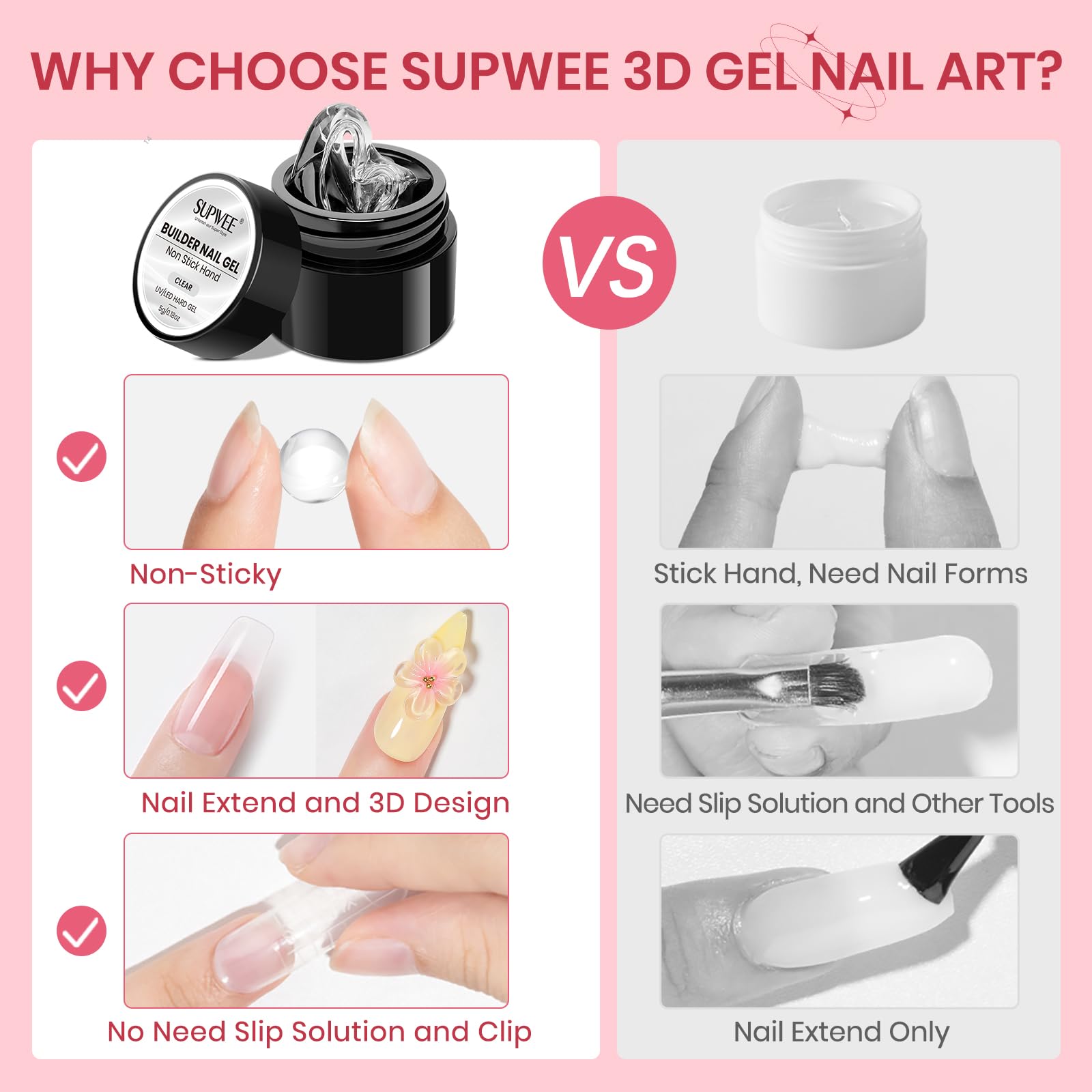SUPWEE Clear 3D Gel Nail Art, 3 sztuki solidnych żelów do paznokci z silikonowym pisakiem, żel 3D do rzeźbienia paznokci i dekoracji, do domu, salonu DIY, 5 g