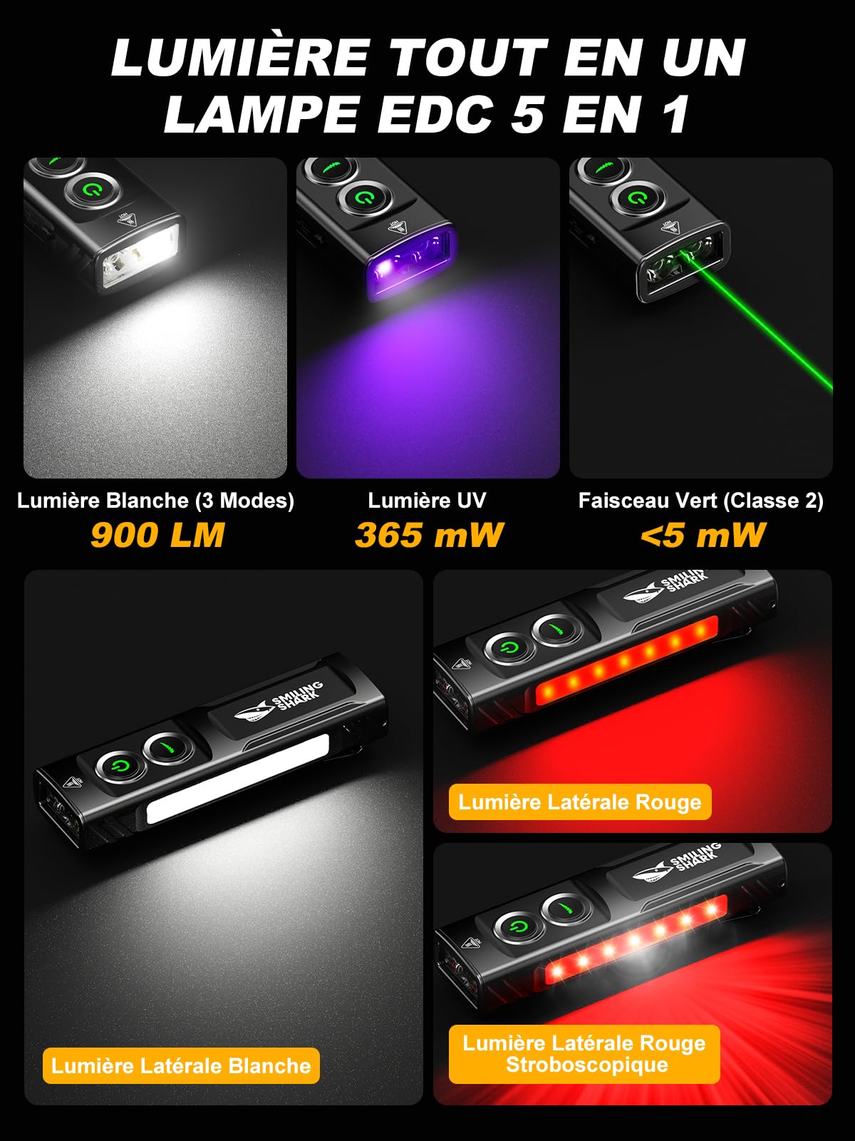 Smiling Shark Lampe Torche EDC T02, Rayon Vert & Lumière Violette & Blanche 900 Lumen (3 Modes) Éclairage Latéral Rouge/Blanc, Flashlight Avec Clip & Pied Magnétique Pour Urgence Camping (Noir)